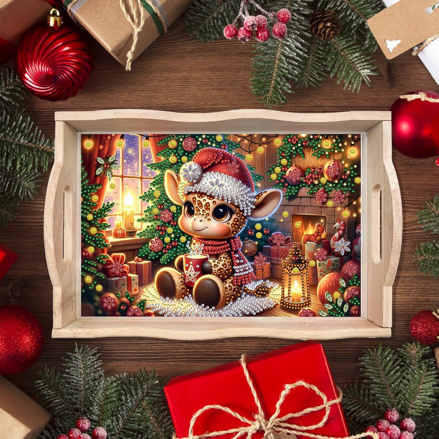 Christmas Diamond Art Painted Rectangular Dot Drilled Wooden Tray, Handmade Wooden DIY Tray Diamond Wooden Tray Dinner Plate for Restaurant Snack Tray Tea Tray Coffee-#02-Deer