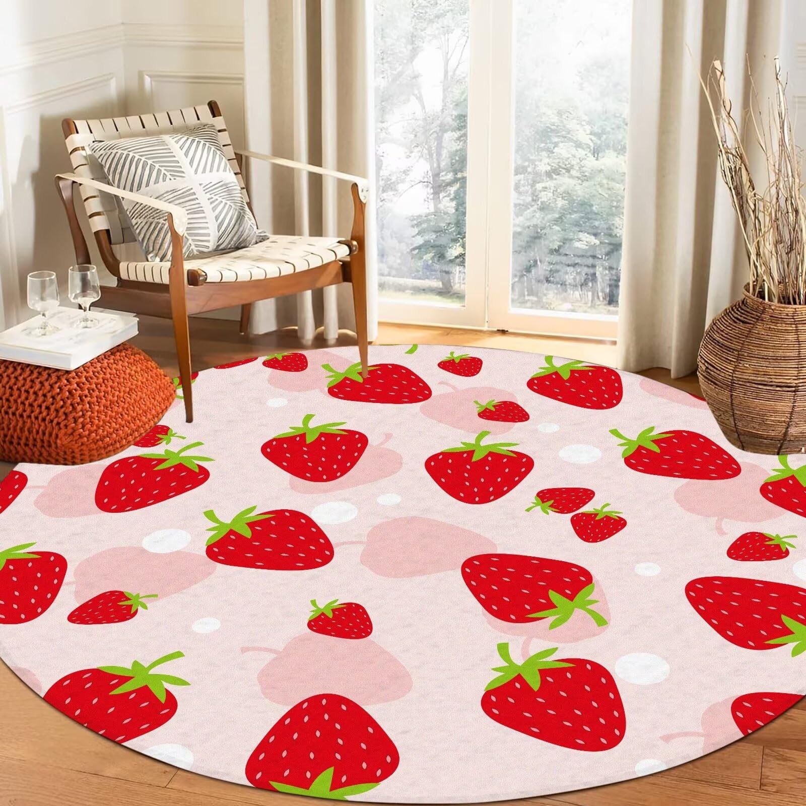 FUYEUN 3Ft Round Strawberry Rug Kwaii Pink Circle Rugs for Bedroom Dorm Living Room Cute Area Rug Floor Mat Pad Doormat Carpet, 3'X3'(90x90cm)