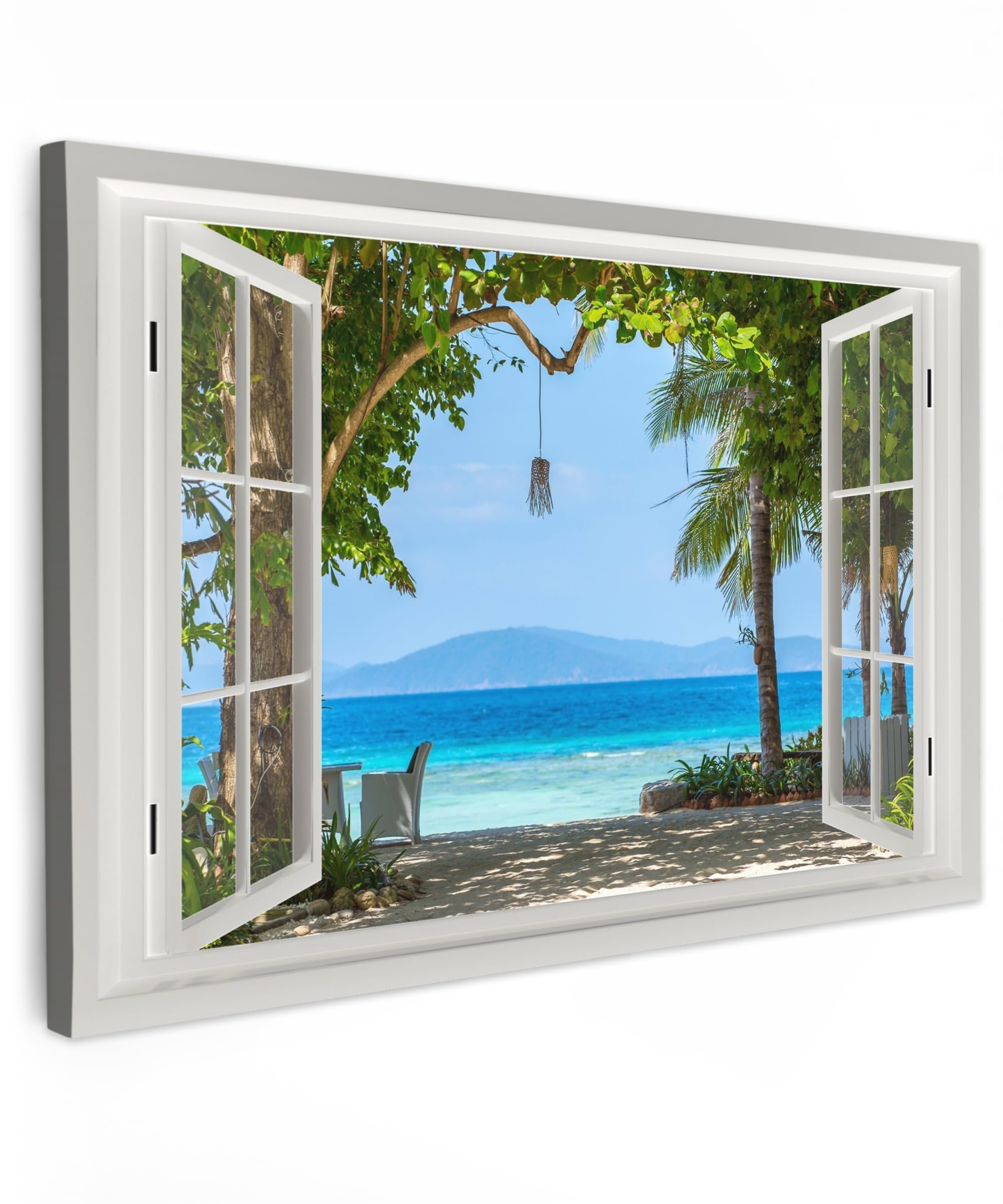 MuchoWow© Cuadros Decoracion Salon Modernos 120x80 cm Pinturas Lienzo Decorativo para Pared Decoración Hogar Lienzos Vista desde la ventana - Árbol - Mar - Palmera - Colinas - Playa - Azul