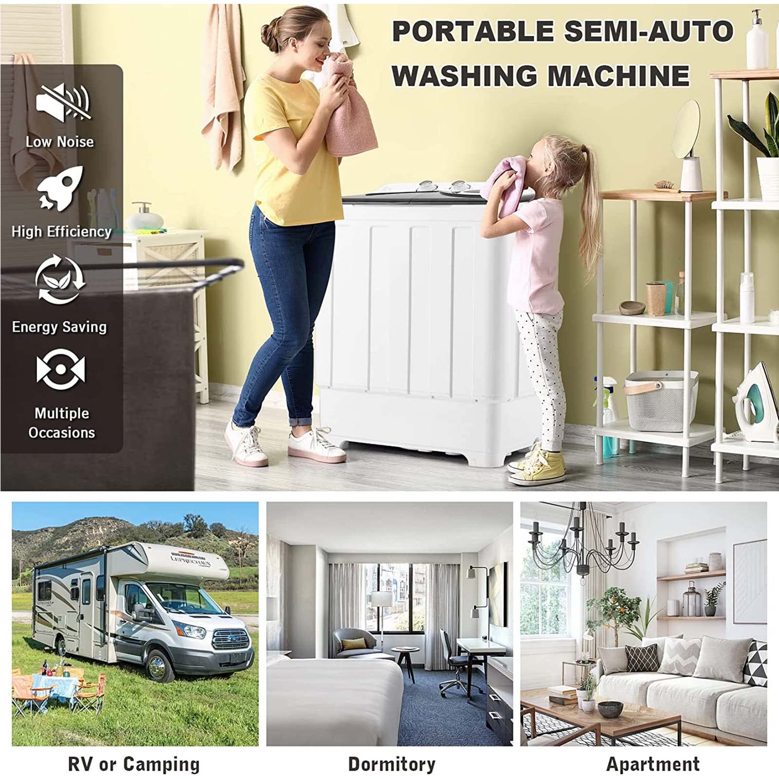 Combo de lavadora y secadora de doble bañera, capacidad de 28 libras con perillas de control, descarga de drenaje integrada y control de temporizador para el hogar, RV, dormitorio, apartamento