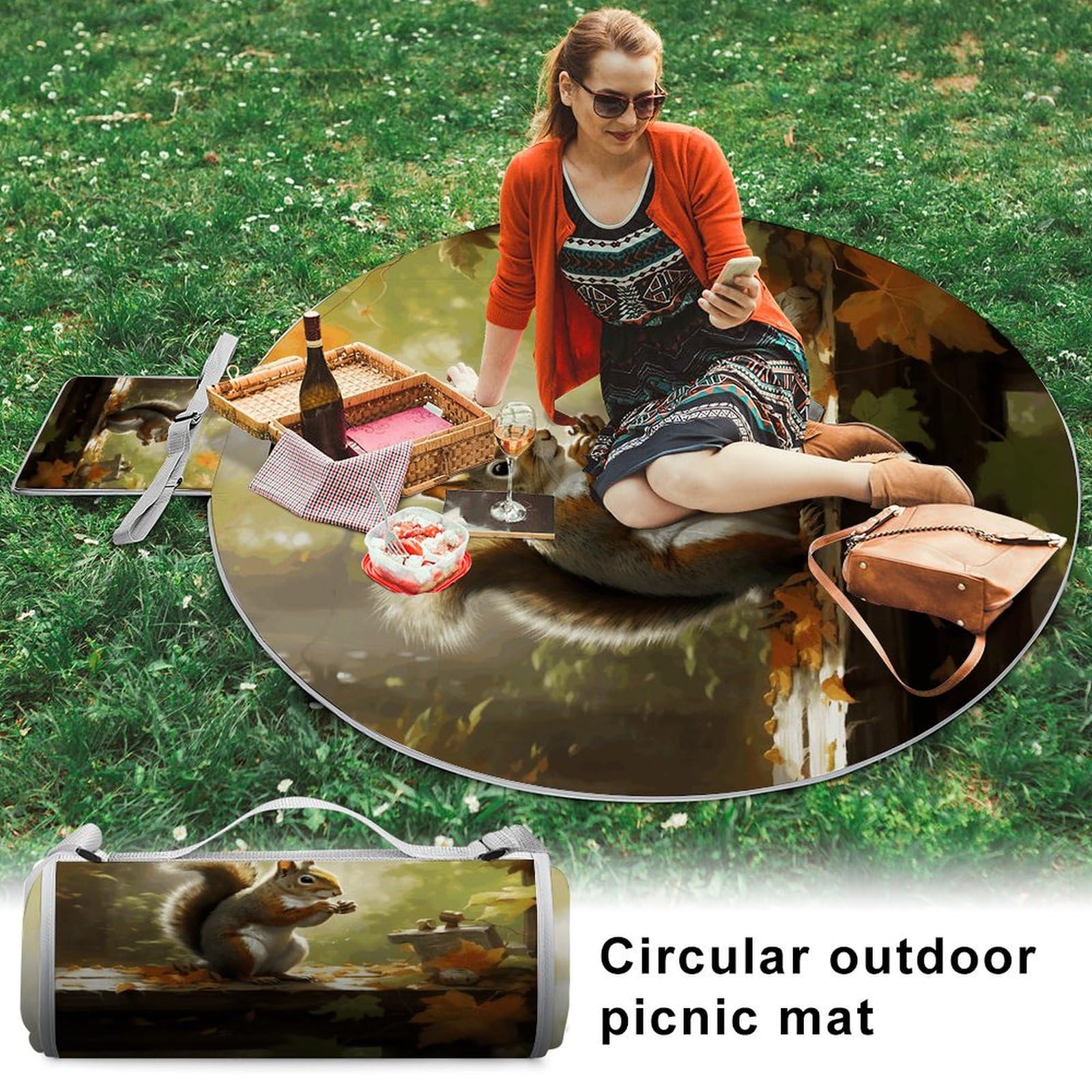 Picknickdecke, Eichhörnchen isst Nüsse, Picknickmatte, tragbare Picknickdecke, faltbar, kompakt, Stranddecke für Camping, Park, Reisen