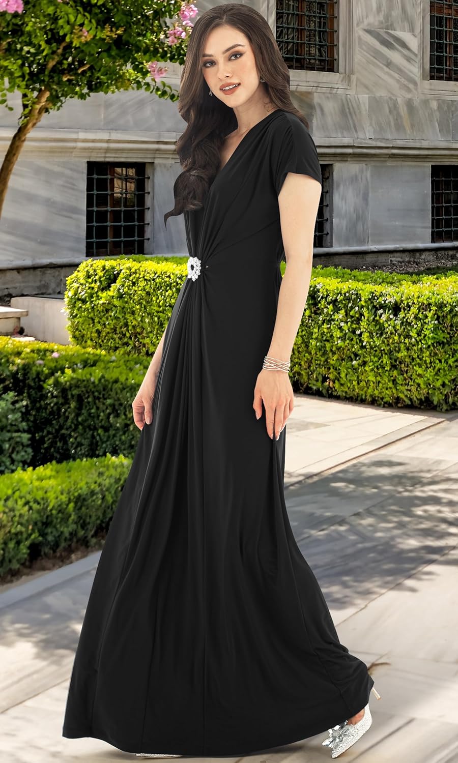 KOH KOH Womens Long V-Neck Short Sleeve Semi Formal Wedding Gown Maxi Dress - Image 3