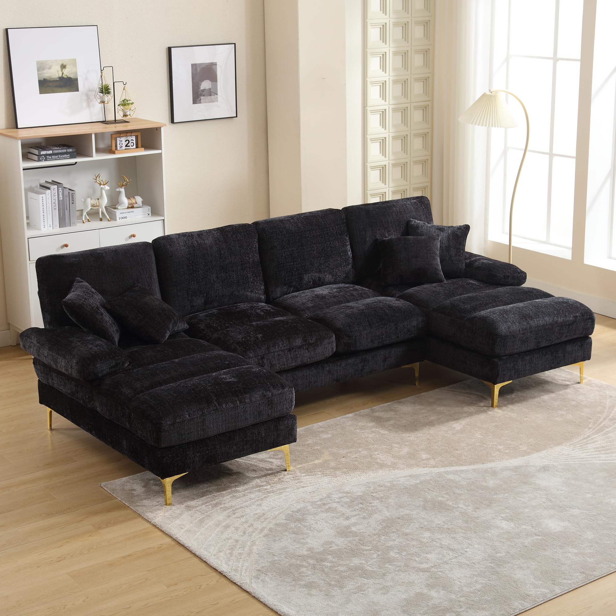 GNIXUUConvertible Sectional Sofa Couch, 114" Modern chenille 4 seat U Shaped couch, Upholstered Modular Sofa Sleeper with Double Lounge Chaise for Living Room, Apartment, Office(Black)
