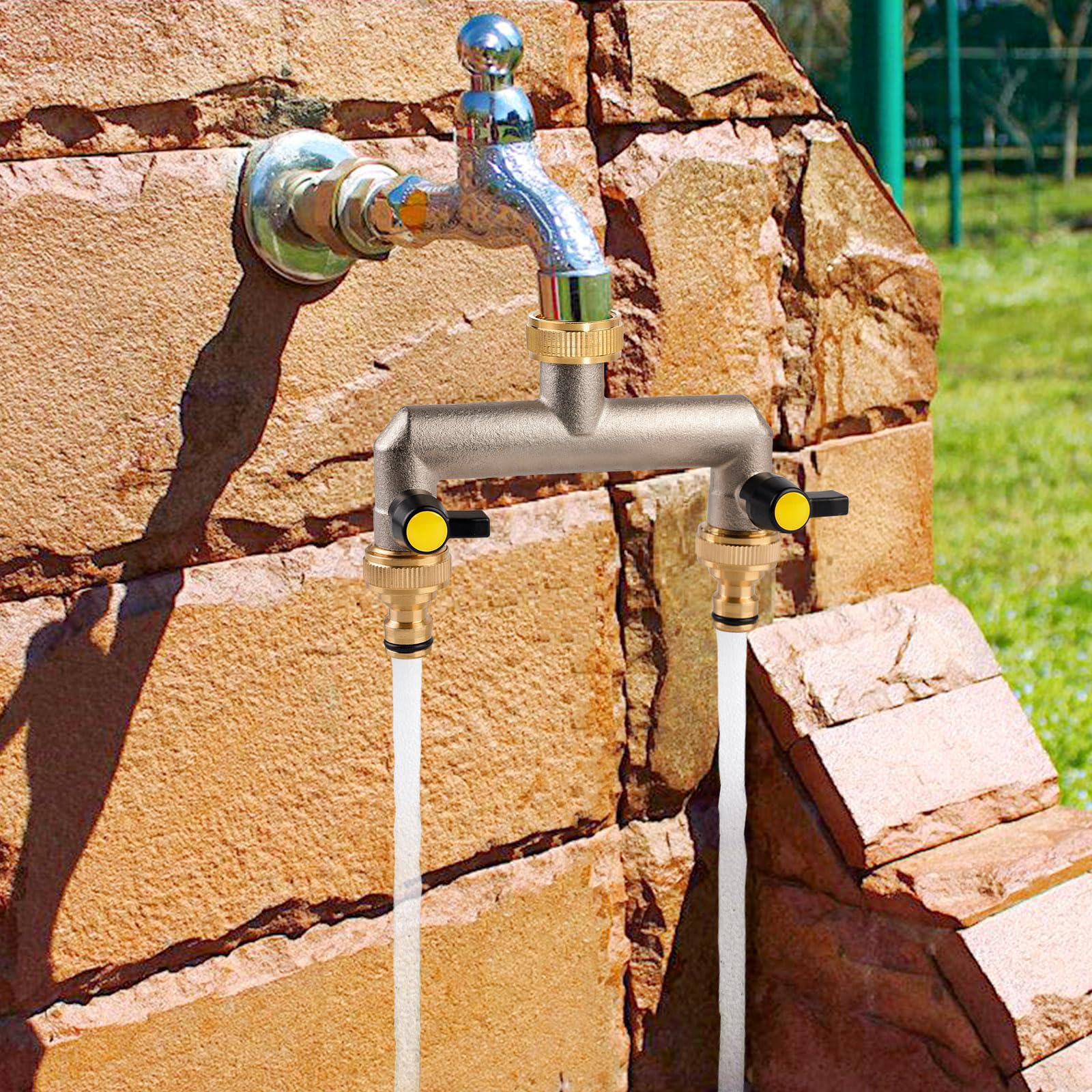 Distribuidor De Agua De 2 Vías Con Válvulas De Bola – Latón Niquelado – Rosca 3/4″ – Sin Fugas – Válvulas Independientes – Ideal Para Riego, Lavado Y Sistemas De Manguera