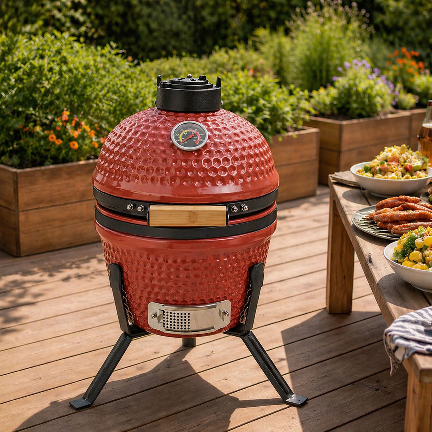 Neo Kamado 13" Ceramic Mini BBQ Grill Smoker Egg Charcoal Cooking Oven with Portable Stand (Cinnabar Red)