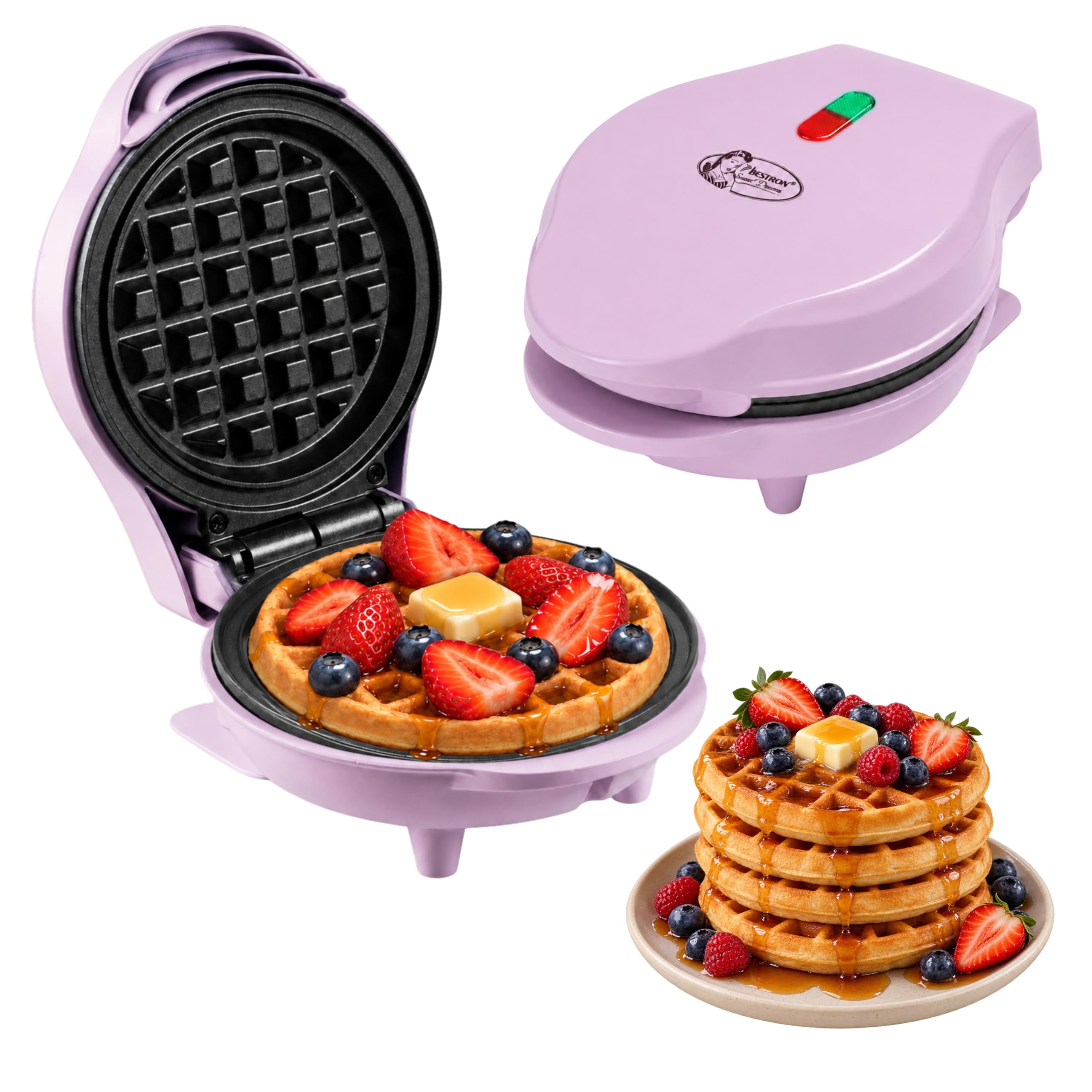 Bestron Mini-Waffeleisen für klassische Waffeln, kleiner Waffelmaker mit Antihaftbeschichtung, für Kindergeburtstage, Familienfeiern, Ostern oder Weihnachten, Retro Design, Farbe: Lila Mattiert