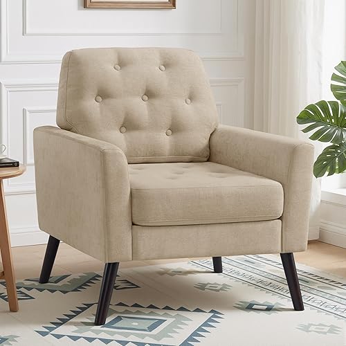 Miniatura 21 de Silla decorativa para sala de estar, silla de lectura moderna de mediados de siglo, sillón tapizado con respaldo copetudo y patas de madera, sofá PU