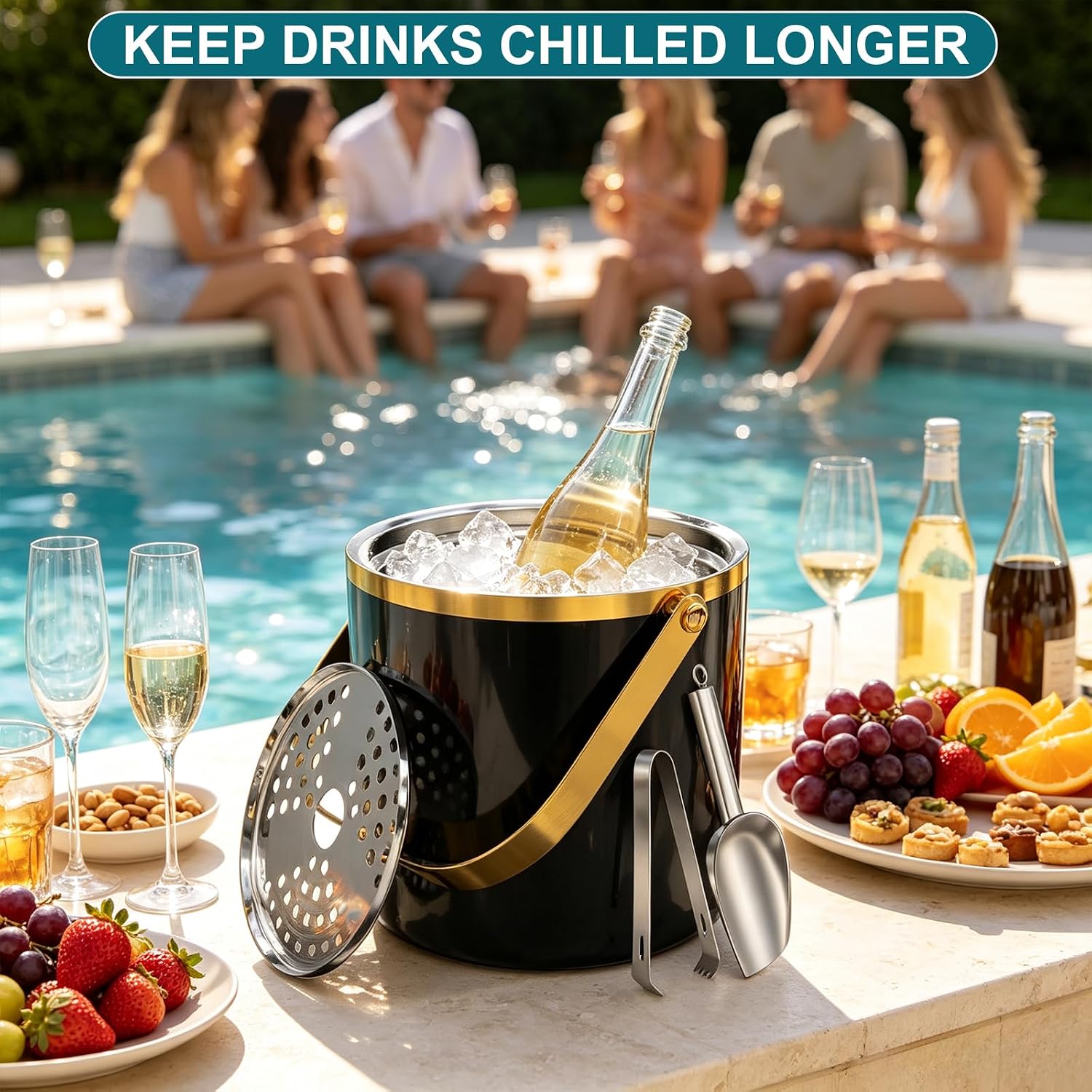 Ice Bucket for Parties, 3.4Qt/3.2L Double-Wall Stainless Steel Insulated Ice Bucket with Lid, Scoop, Tongs and Strainer - Keeps Ice Chilled Longer, Ideal for Cocktail Bar Camping, Chilling Beer/Wine