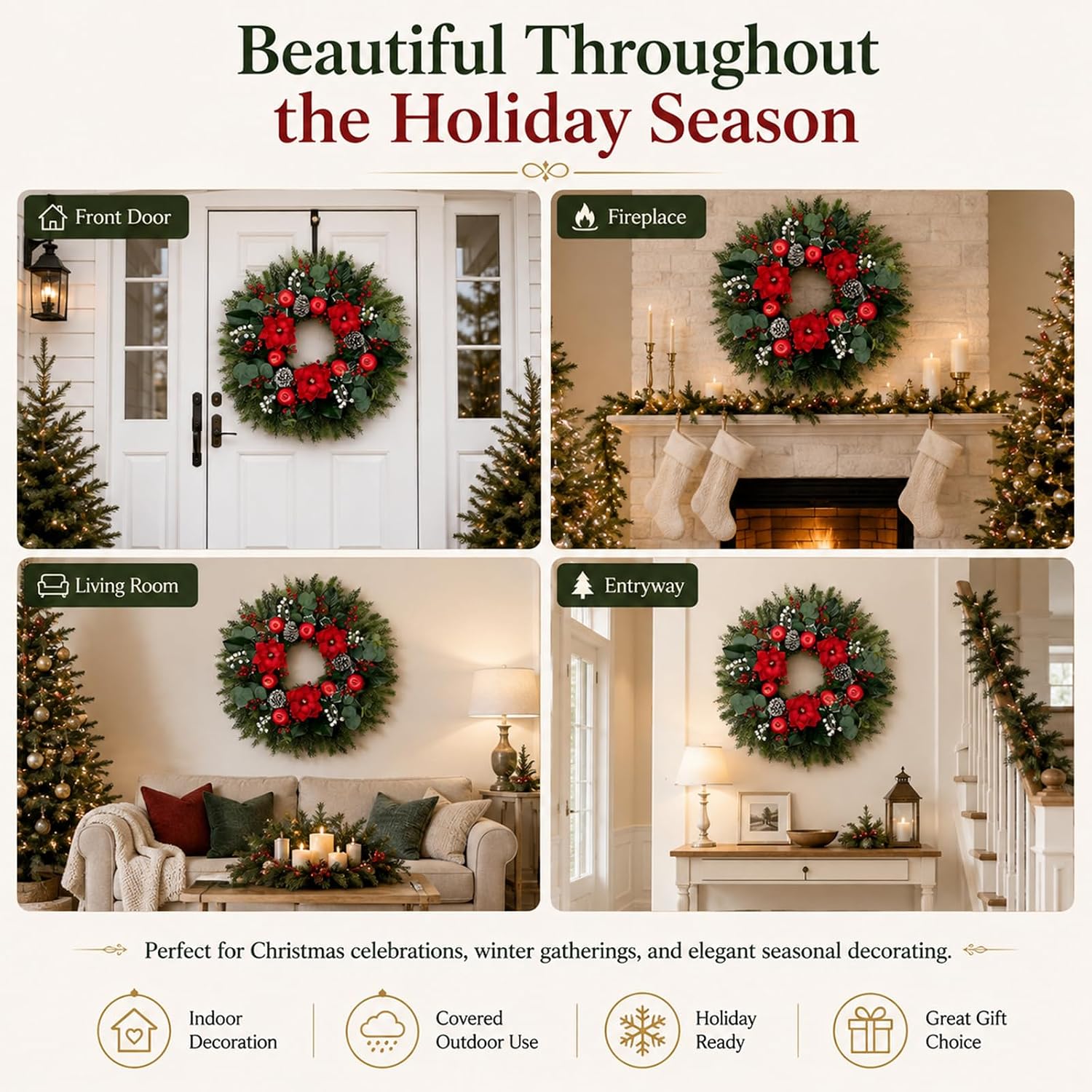 28 Inch Christmas Wreath for Front Door, Red Apples, Magnolia Winter Wreath