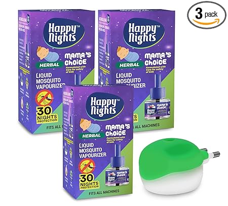 Happy Nights Lemon Eucalyptus Mosquito Repellent Refill, Mamas Choice Lemon Eucalyptus Repellent, 45ml Oil based Mosquito Repellent, Pack of 3 (Buy 2 Get 1 Free Refill & Mosquito Machine)