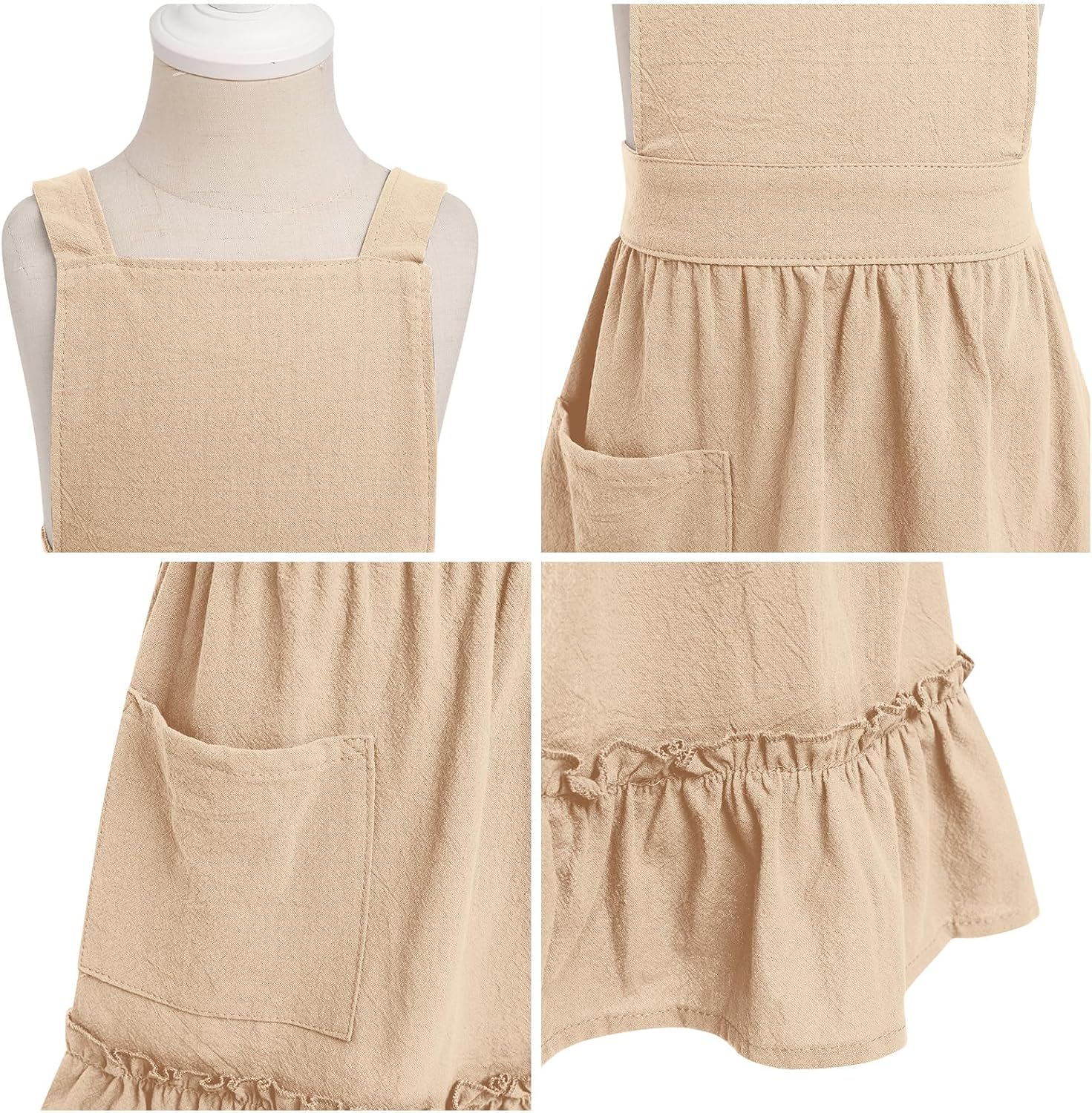 OBEEII Kids Aprons for Cooking Cotton Linen Children Baking Kitchen Gardening Painting Apron Pinafore Dress with Pockets