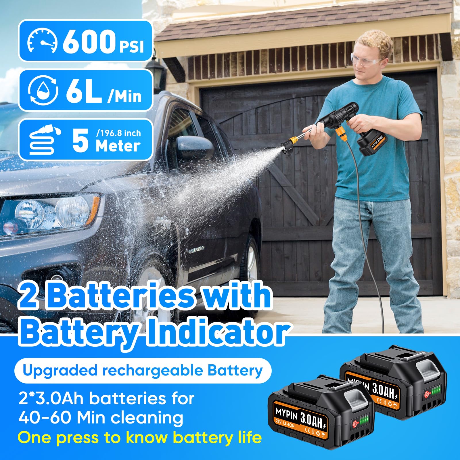 Lavadora a presión inalámbrica portátil, 600 PSI, 21 V, dos baterías recargables, con pantalla de nivel de batería, boquilla 6 en 1 con boquillas de chorro para limpieza de cercas de piso de coche
