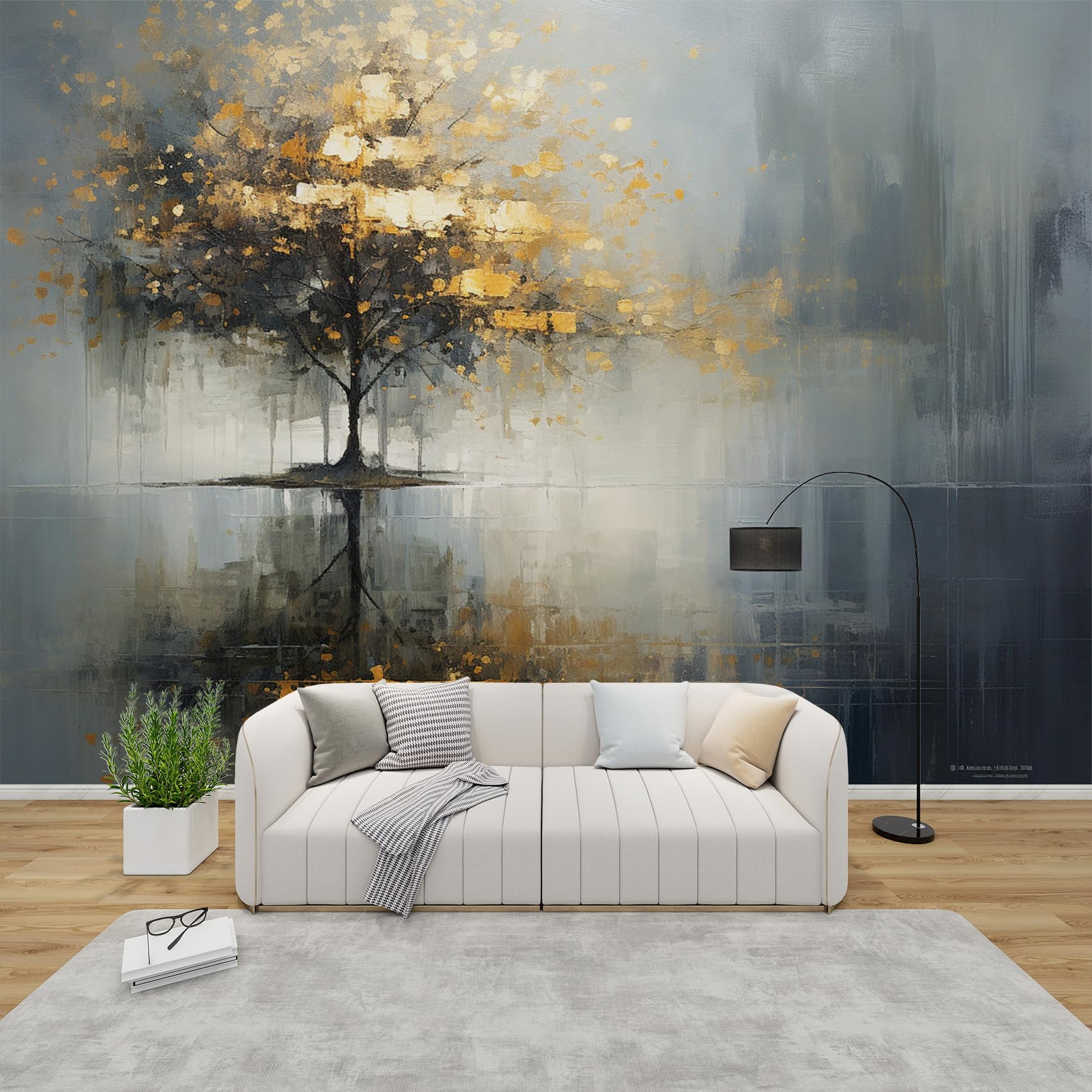 Papier peint arbre doré 368x254 cm intissé moderne paysage abstrait pour salon