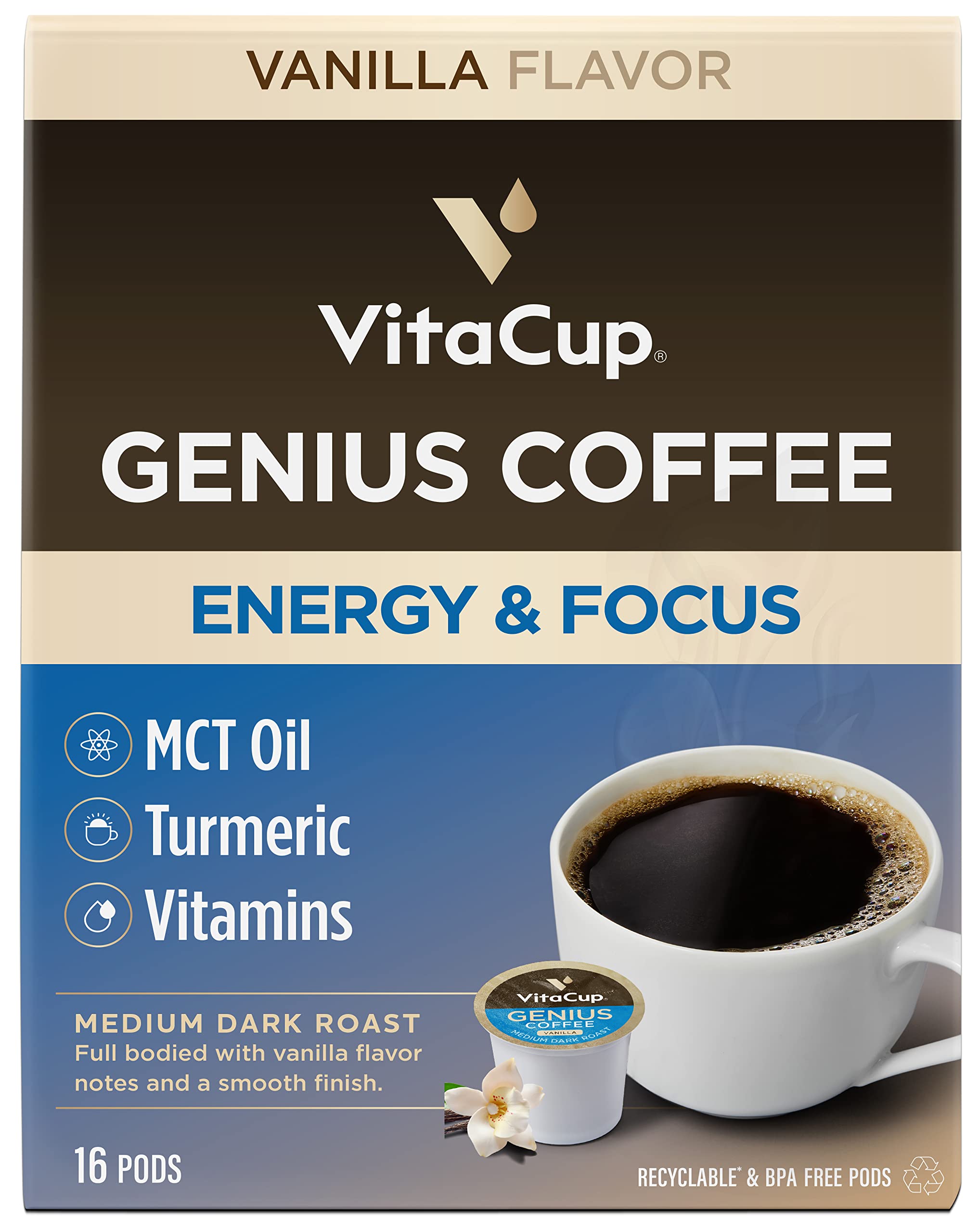 VitaCup Genius Vanilla Keto Coffee Pods w/MCT Oil, Turmeric, B Vitamins, & D3 for Energy & Focus in Recyclable Single Serve Pod Compatible with K-Cup Brewers Including Keurig 2.0, 16 CT