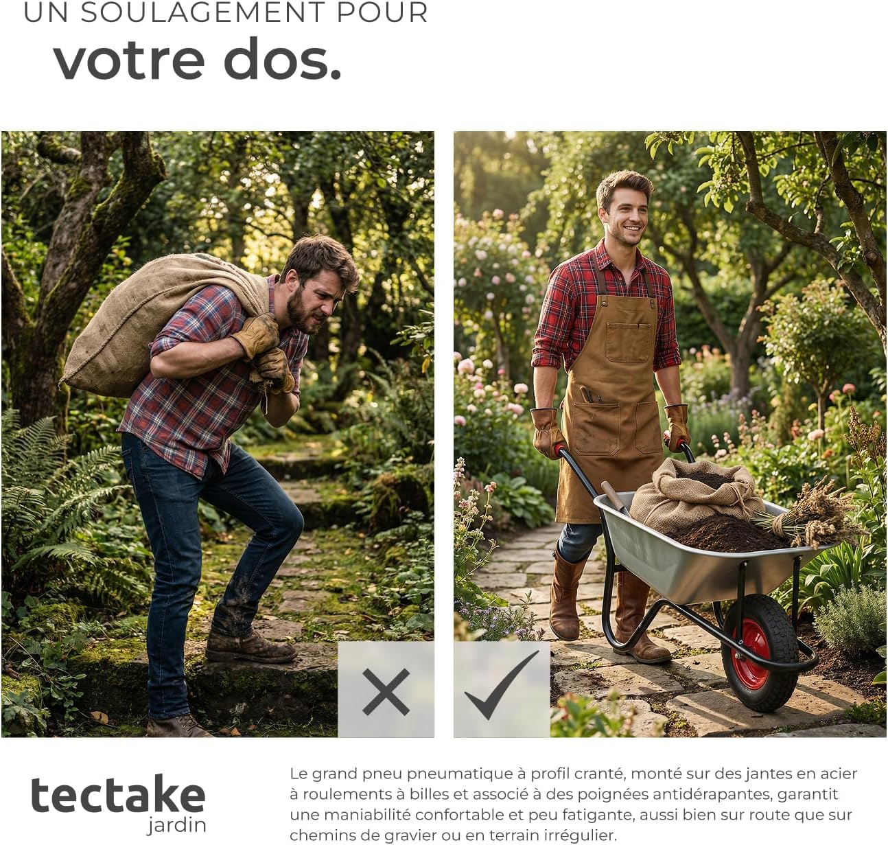 tectake® Brouette de Jardin Chariot de jardin Brouette de chantier 100 L Tout-Terrain max. 250 kg Bac Galvanisé 1 Grande Roue Pneumatique Robuste Confortable pour Jardinage Bricolage Bois de chauffage — vue 4
