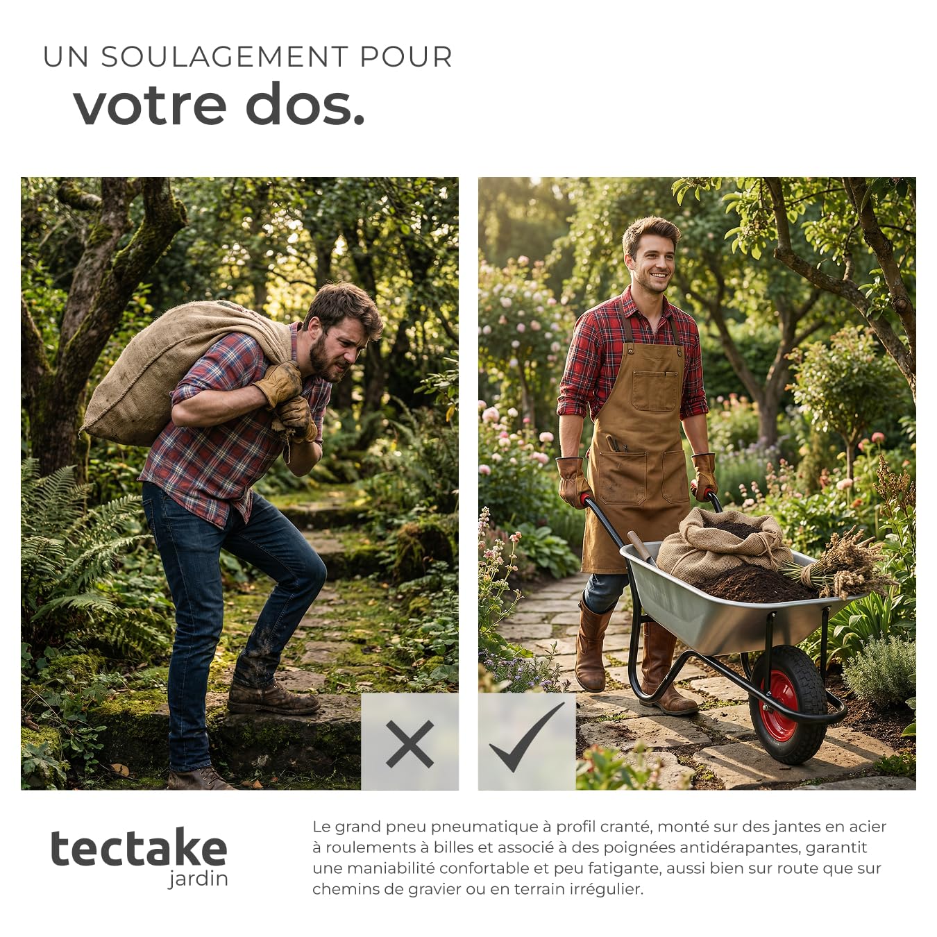tectake® Brouette de Jardin Chariot de jardin Brouette de chantier 100 L Tout-Terrain max. 250 kg Bac Galvanisé 1 Grande Roue Pneumatique Robuste Confortable pour Jardinage Bricolage Bois de chauffage