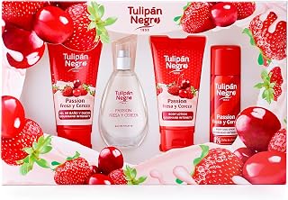 Tulipán Negro - Estuche Fresa y Cereza, Colonia 50 ml + Loción Corporal 75 ml + Gel de Baño 75 ml + Desodorante Spray 50 ml, Fragancia Dulce y Afrutada