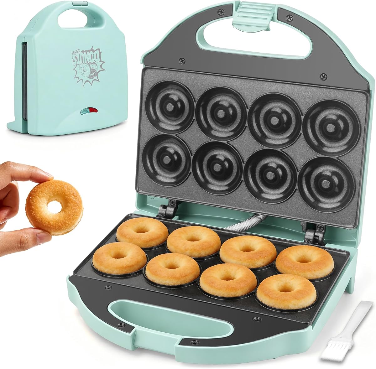 AshGlen Mini máquina para hacer donas de 2 pulgadas, 8 agujeros para donas con revestimiento de cerámica para hornear donas, máquina para hacer donas para mini donas, Maquina De Mini Donas, Aqua
