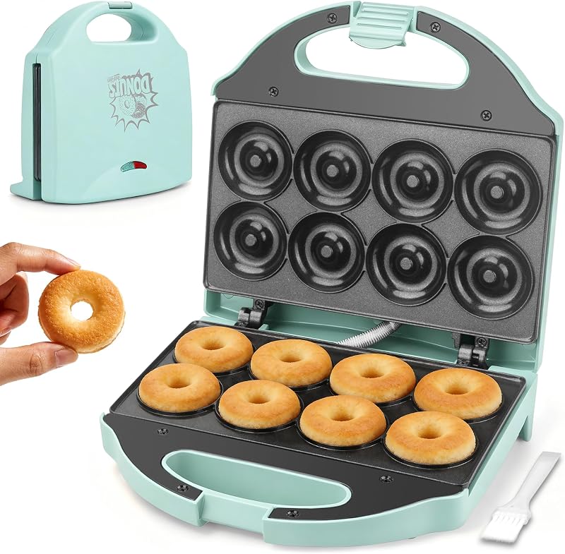AshGlen Mini máquina para hacer donas de 2 pulgadas, 8 agujeros para donas con revestimiento de cerámica para hornear donas, máquina para hacer donas para mini donas, Maquina De Mini Donas, Aqua