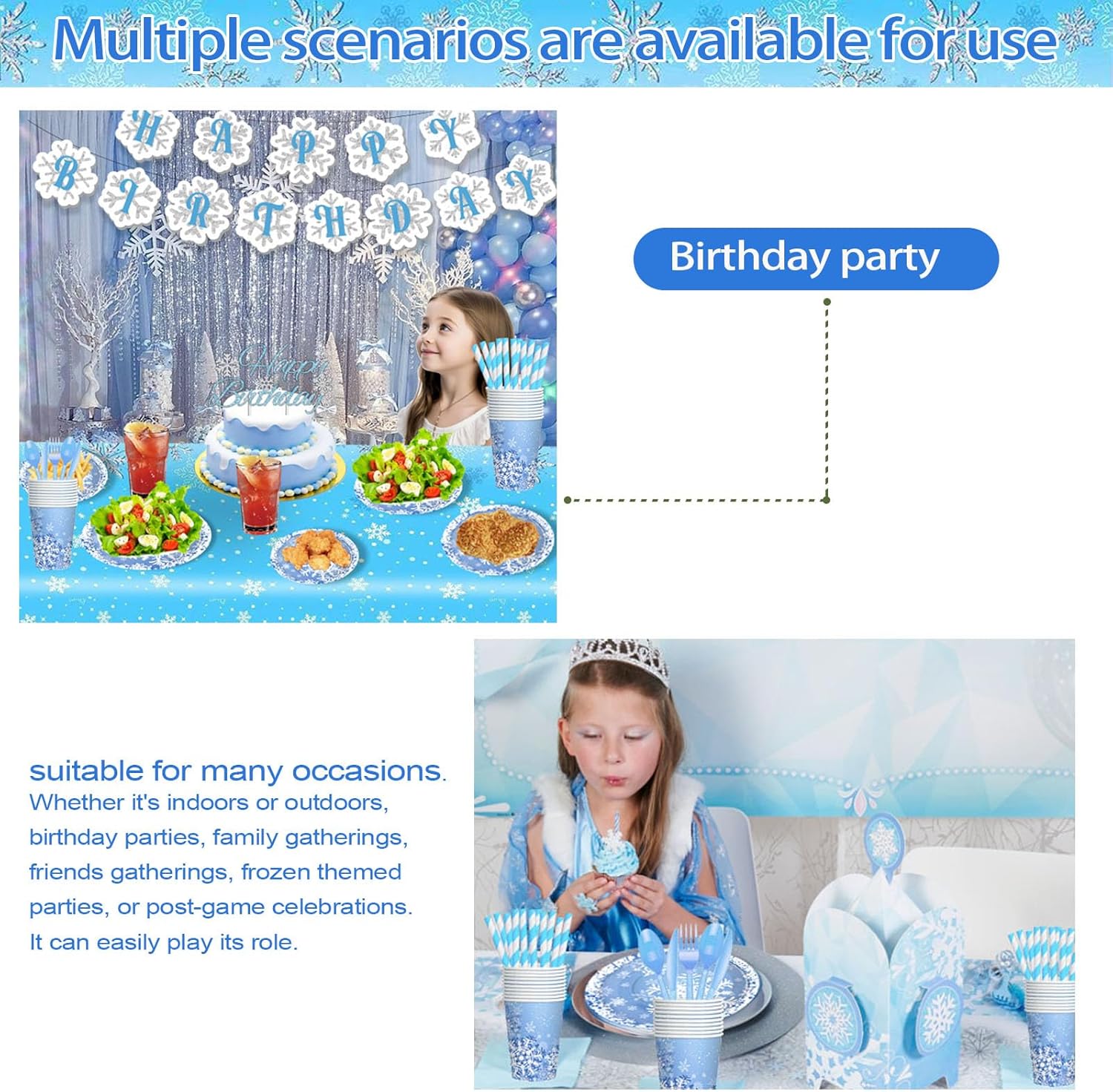 Frozen Birthday Party Supplies Winter Snowflake Party Decorations Include Plates Napkins Cups Forks Knives Spoons, Happy Birthday Banner, Cake Topper, Balloons, Tablecloths - Image 6
