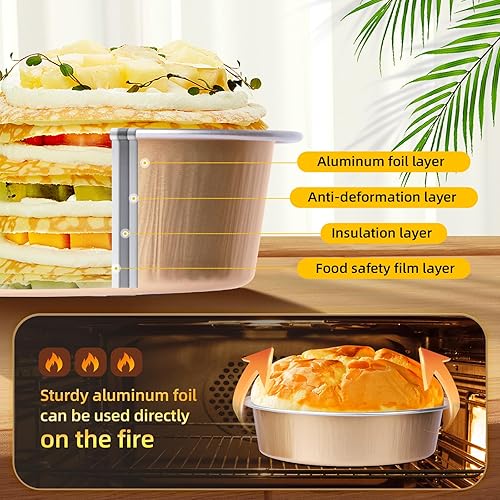 Vista 245 de Beasea Latas desechables para tartas de 4 pulgadas, paquete de 50 mini sartenes con tapas, molde de aluminio dorado de 8 onzas, moldes para tartas