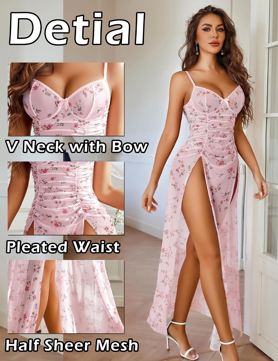 Avidlove Sexy Nightgown for Women Mesh Floral Slit Pleated Lingerie V Neck Long Dress