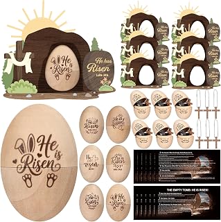 6 Set/24 Pcs Easter Christian Egg Easter Basket Stuffer Wooden Egg Easters Empty Tomb with Prayer Card Religious He is Risen Decoration Table Centerpiece Gift for Church Home Tiered Tray