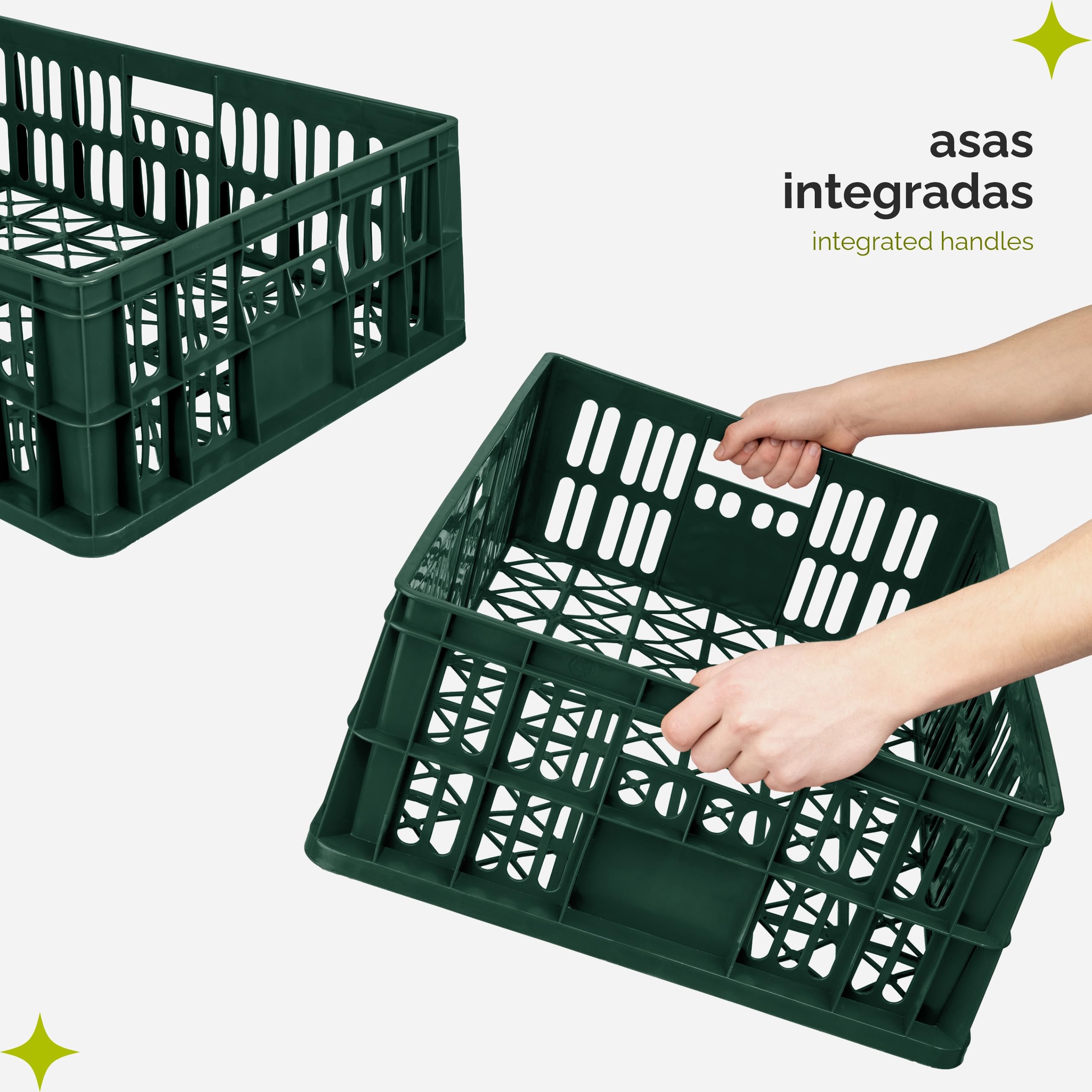 Garronda Cajas Almacenaje Plástico Grande 69x47x20 cm - Organizadoras HDPE Perforada 64L, Apilables y con Asas, Resistente para Almacén, Garaje y Transporte Profesional GD-0190 (Pack de 4, Verde)