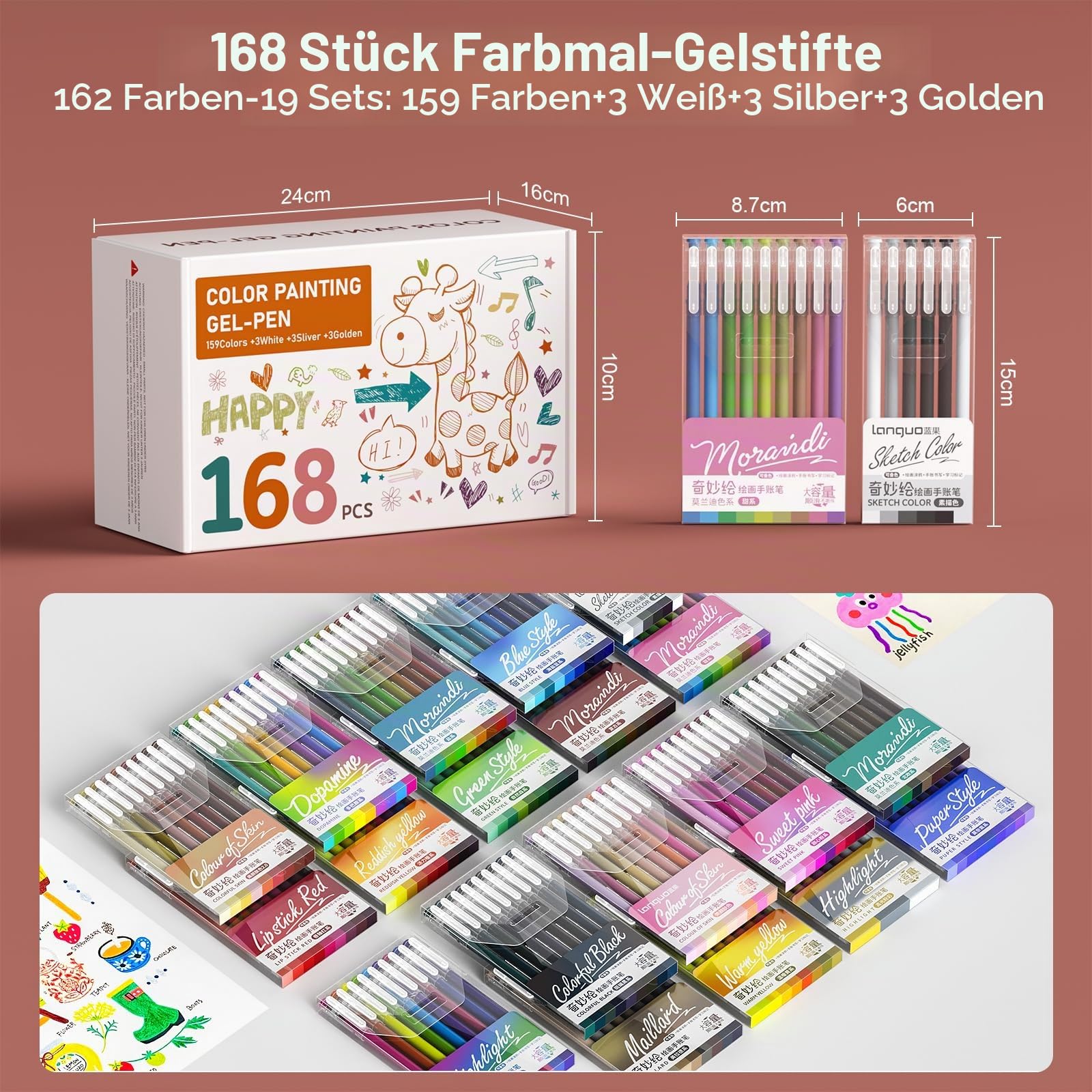 TrendGate 168 Acrylstifte Gelstifte Set, 0,5mm Feine Spitze Gelschreiber | 162 Farben (159 Farben + 3 Weiß/3 Silber/3 Gold), Gel Pen, Malen, Schreiben, Journaling, Wasserfest, Vielzahl von Oberflächen
