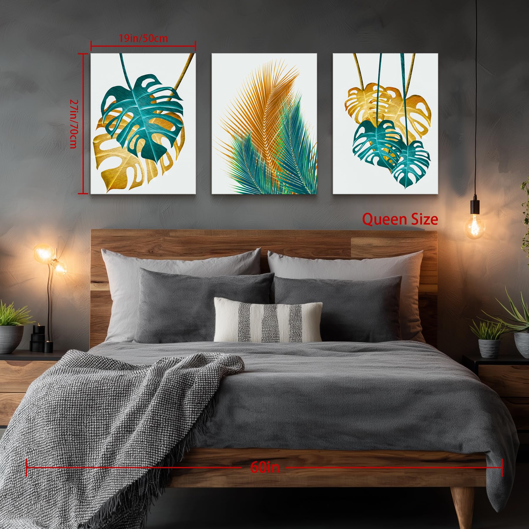 MHARTK66 Modern Natur Bilder Wohnzimmer Blumen gold Gemälde 50x70 cm | goldene und grün als motiv, hd-druck auf leinwand, leicht aufzuhängen, rasch montiert, flexibel nutzbar und geschenkidee