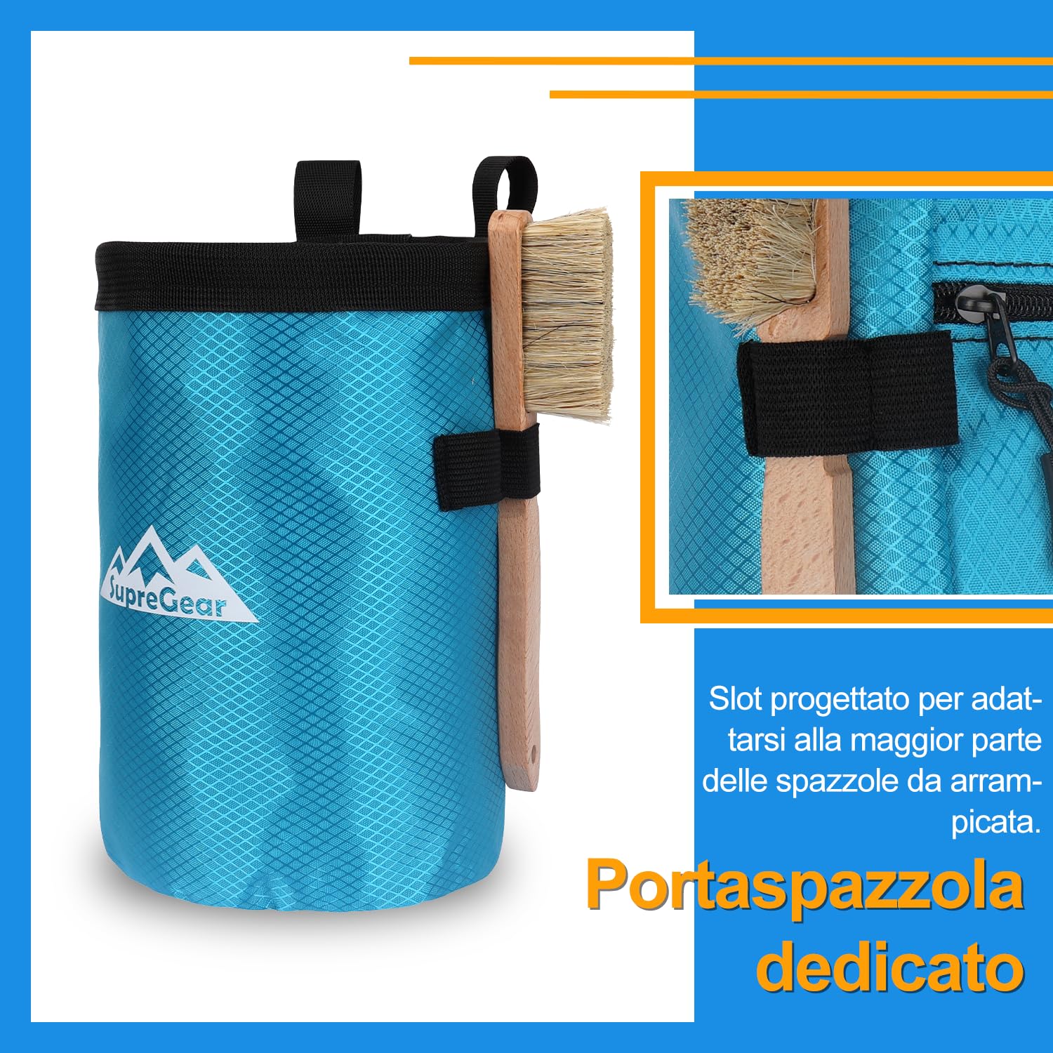 supregear Sacca per Gesso per Arrampicata su Roccia, Ampia Tasca con Cerniera E Portapennello, Chiusura A Cordino E Moschettone, Ideale per Bouldering, Sollevamento Pesi, Palestra