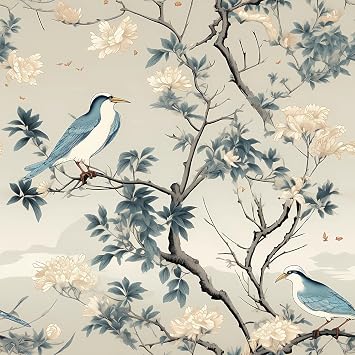 LACHEERY Vintage Blue Bird Wallpaper Floral Peel and Stick Wallpaper Birds Vintage Blue Bird Contact Paper Floral Wall Paper Chinoiserie Tree Branch Beige Flower for Bathroom Walls Cabinets 17.5"x79"