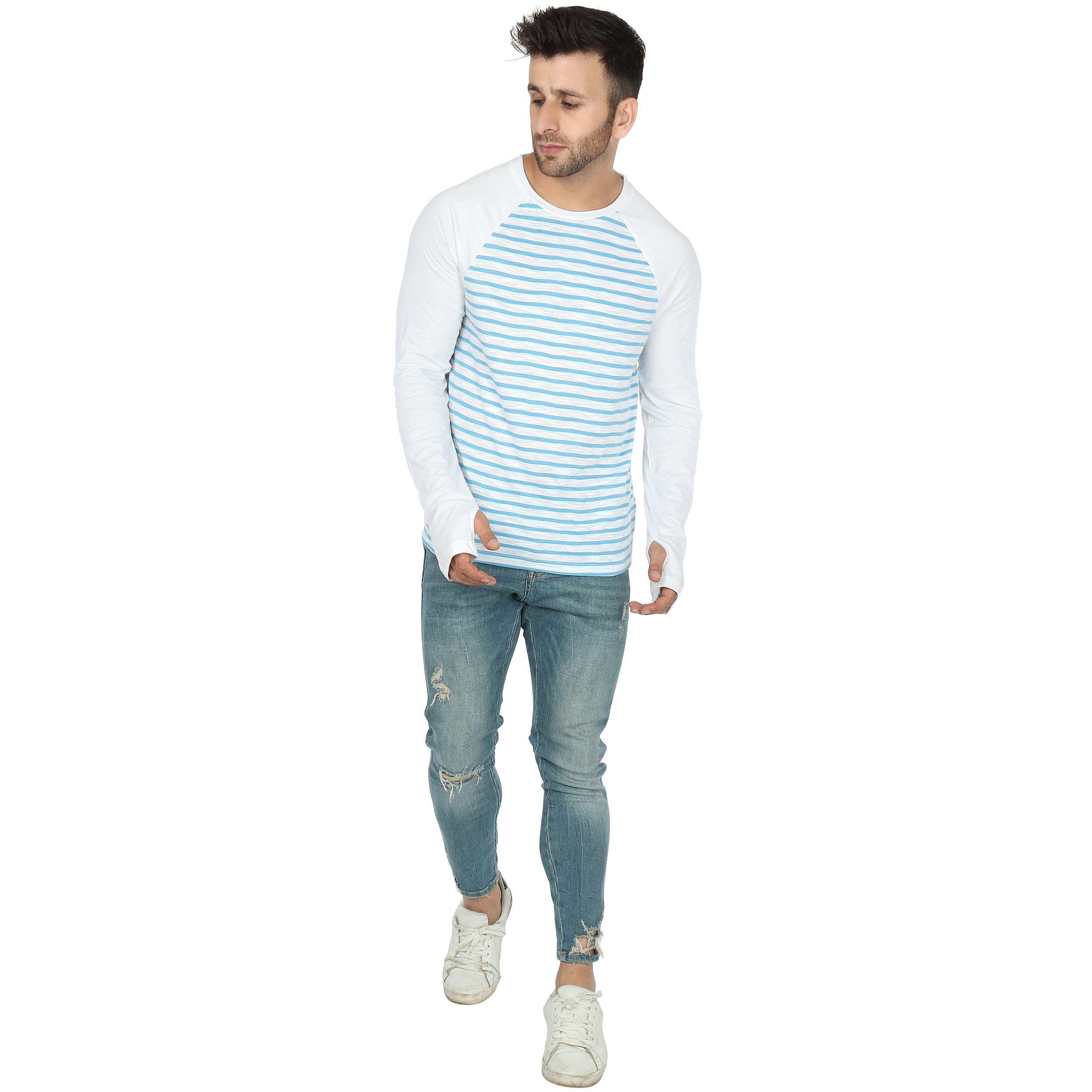 SAAVA Men'S Knitted Cotton Long Sleeve Blue & White Crew Neck Raglan F/S Tee T-Shirt