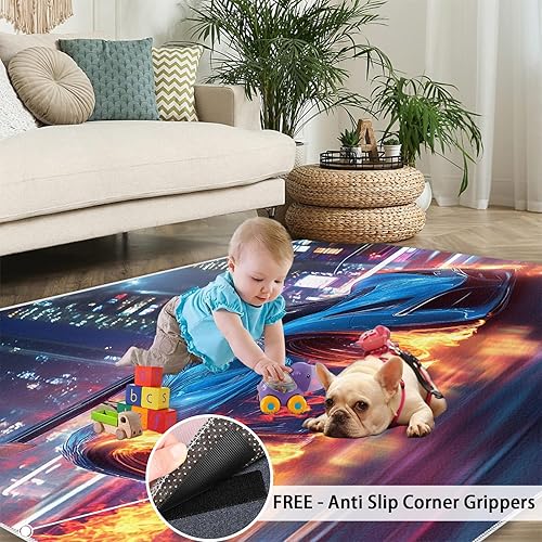Miniatura 5 de Cool Sports Car Rugs for Bedroom, Future Sports Car Area Rug, Cyberpunk Print Rugs for Living Room, Indoor Non-Slip Rug, Machine Washable Carpet for