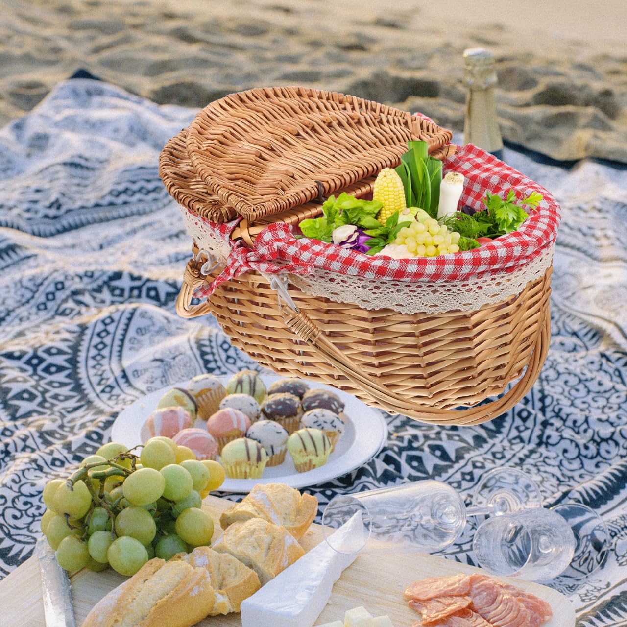 Zerodeko Panier Pique Nique, Panier Pique-Nique Tissé Avec Doubles Poignées Pliantes, Panier De Rangement Couvercle Dai, Pour Pique-Niques En Cuisine, Fêtes Et Barbecues