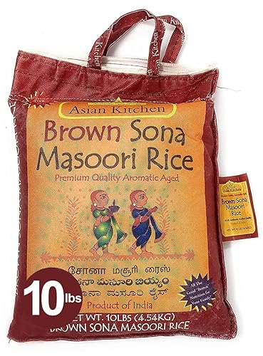 Asian Kitchen Brown Sona Masoori Arroz envejecido Bolsa de 10 libras, 10 libras (10.0 lbs) de arroz de grano corto  Todo natural  Apto para gluten