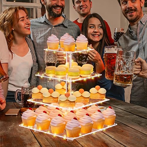 Miniatura 10 de weddingwish Soporte para cupcakes, soporte cuadrado de acrílico de 4 niveles con cadena de luces LED, torre de postre para pastelería para