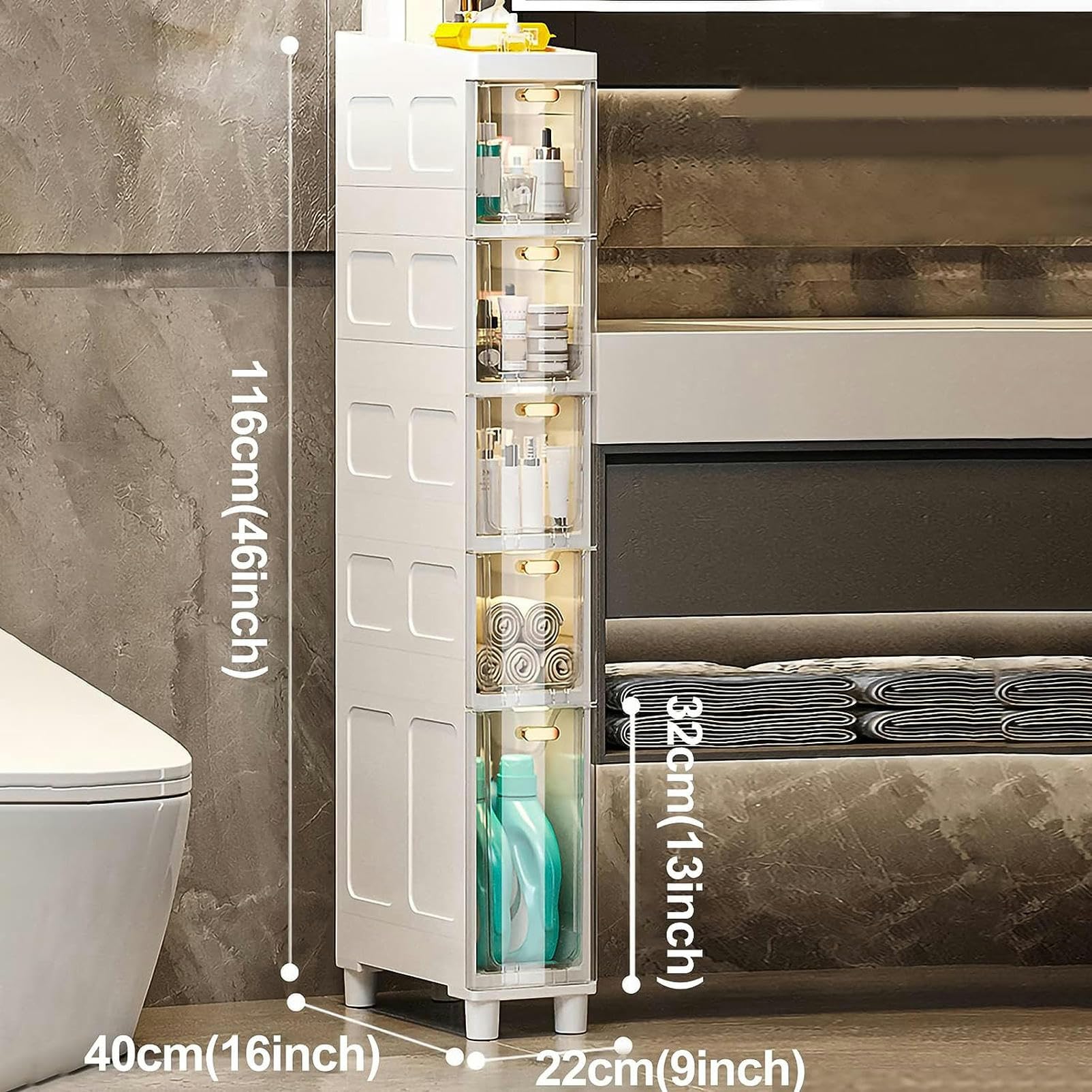 Gabinete de piso para baño con cajones de almacenamiento apilables Gabinete de baño Delgado de almacenamiento, Gabinete de almacenamiento de Papel higiénico Delgado de gr