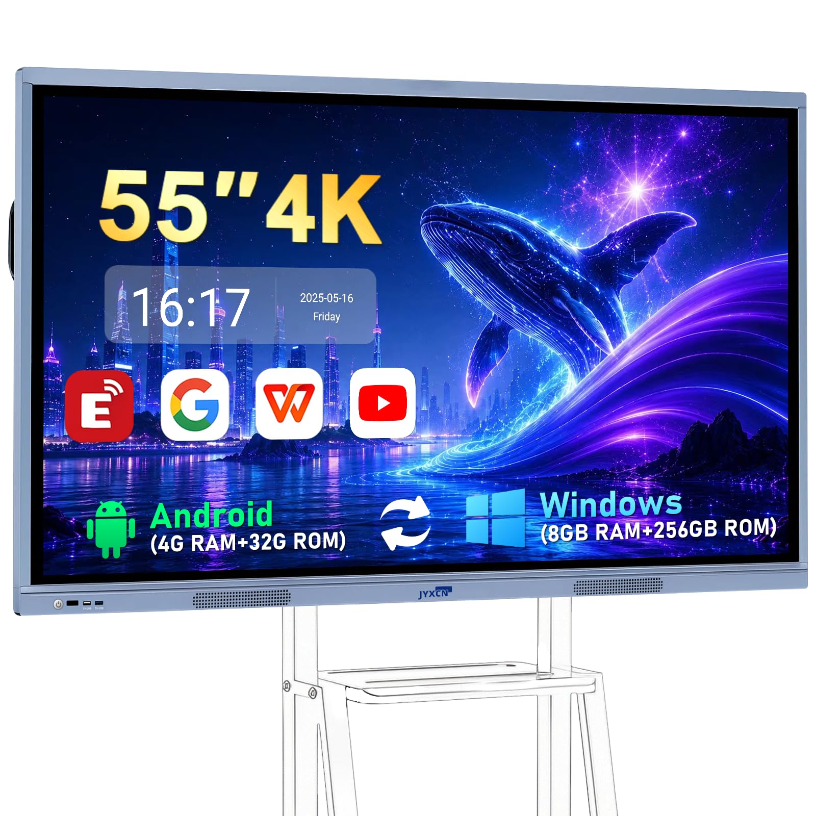 55" Smart Board, 8 + 256 GB Digital Interactive Whiteboard Display Built-in Windows10 &amp; Android 11 Dual System with 4K Touchscreen, Electronic Smartboard for Classroom Office Home (Board Only)​