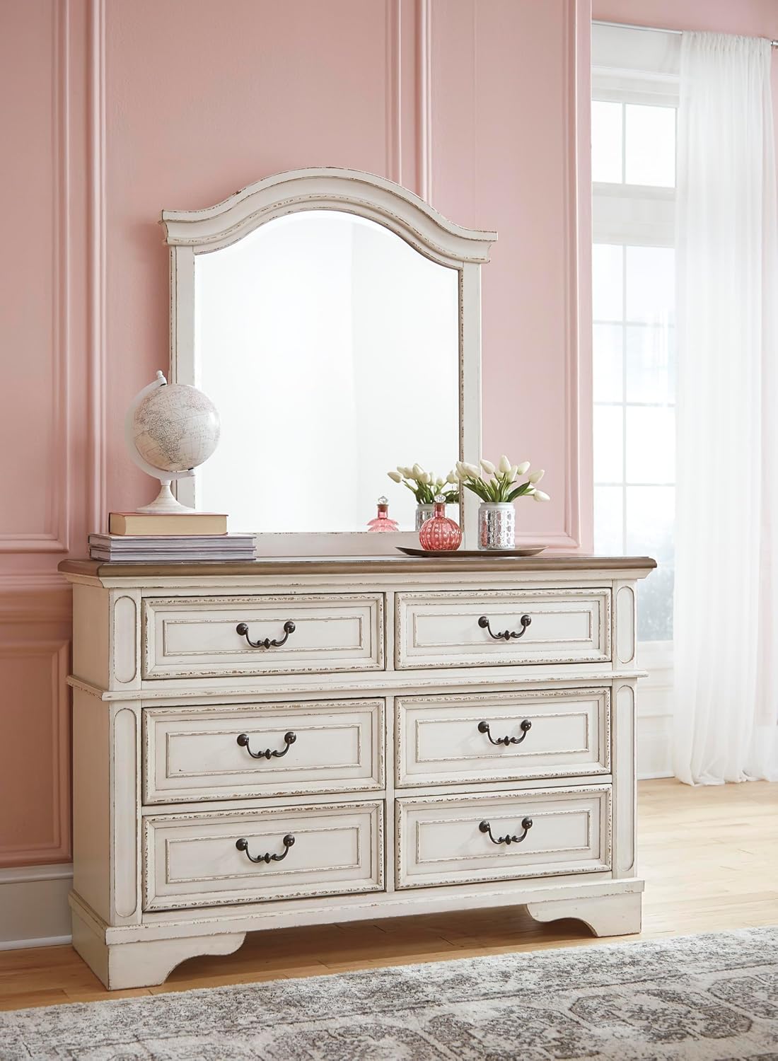 Signature Design by Ashley Realyn Cottage 6-Drawer Dresser and Mirror with Safety Stop and Felt-Lined Top Drawer, White