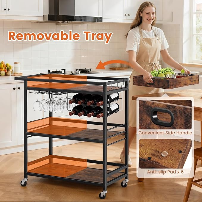 Carrito Bar Leteuke 3 Niveles Negro con Ruedas, Soporte para Vinos y Copas miniatura 4