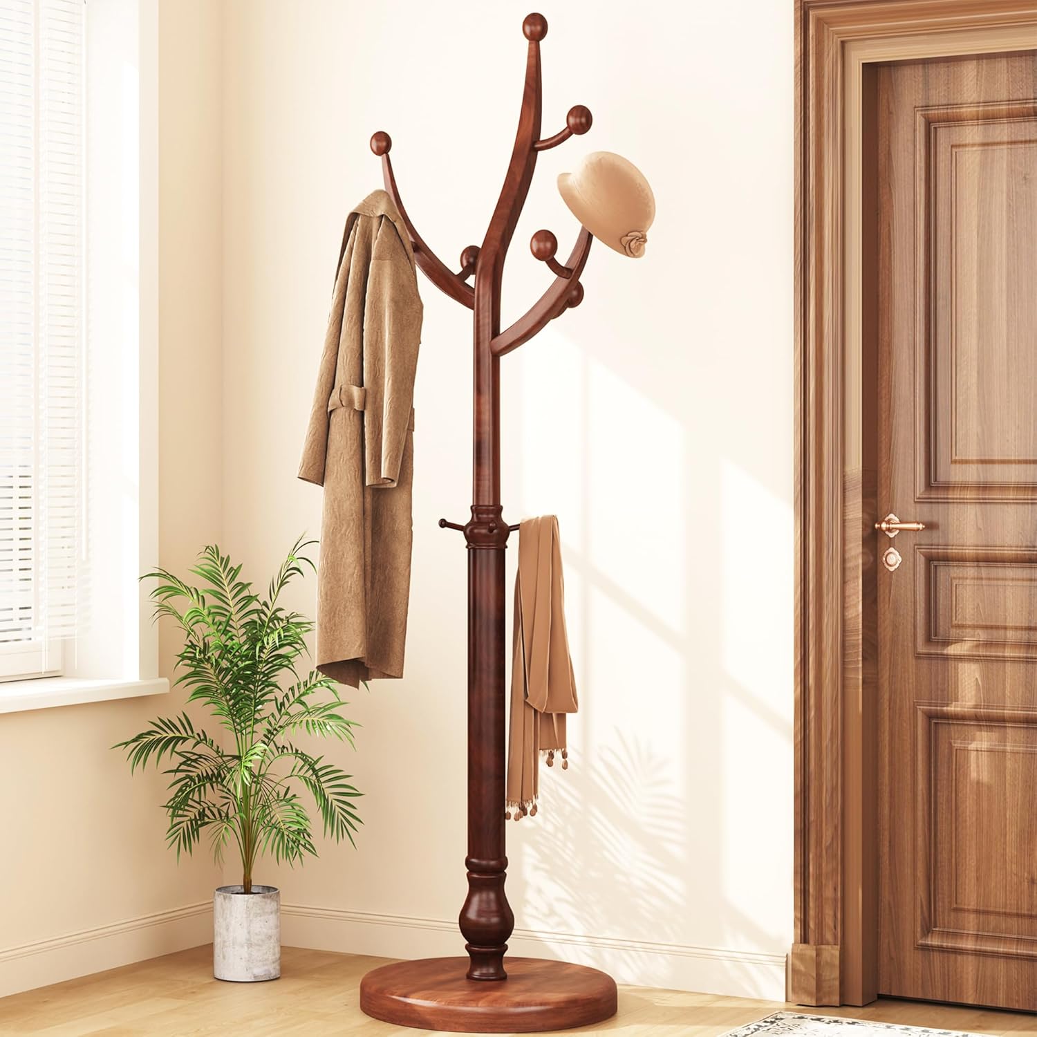 HOMEFORT Coat Rack Freestanding, Wooden Coat Tree Rack with 11 Hooks, Heavy Duty Wood Clothes Hanger with Sturdy Round Base, Vintage Coat Hat Stand for Entryway, Hallway, Bedroom,Walnut