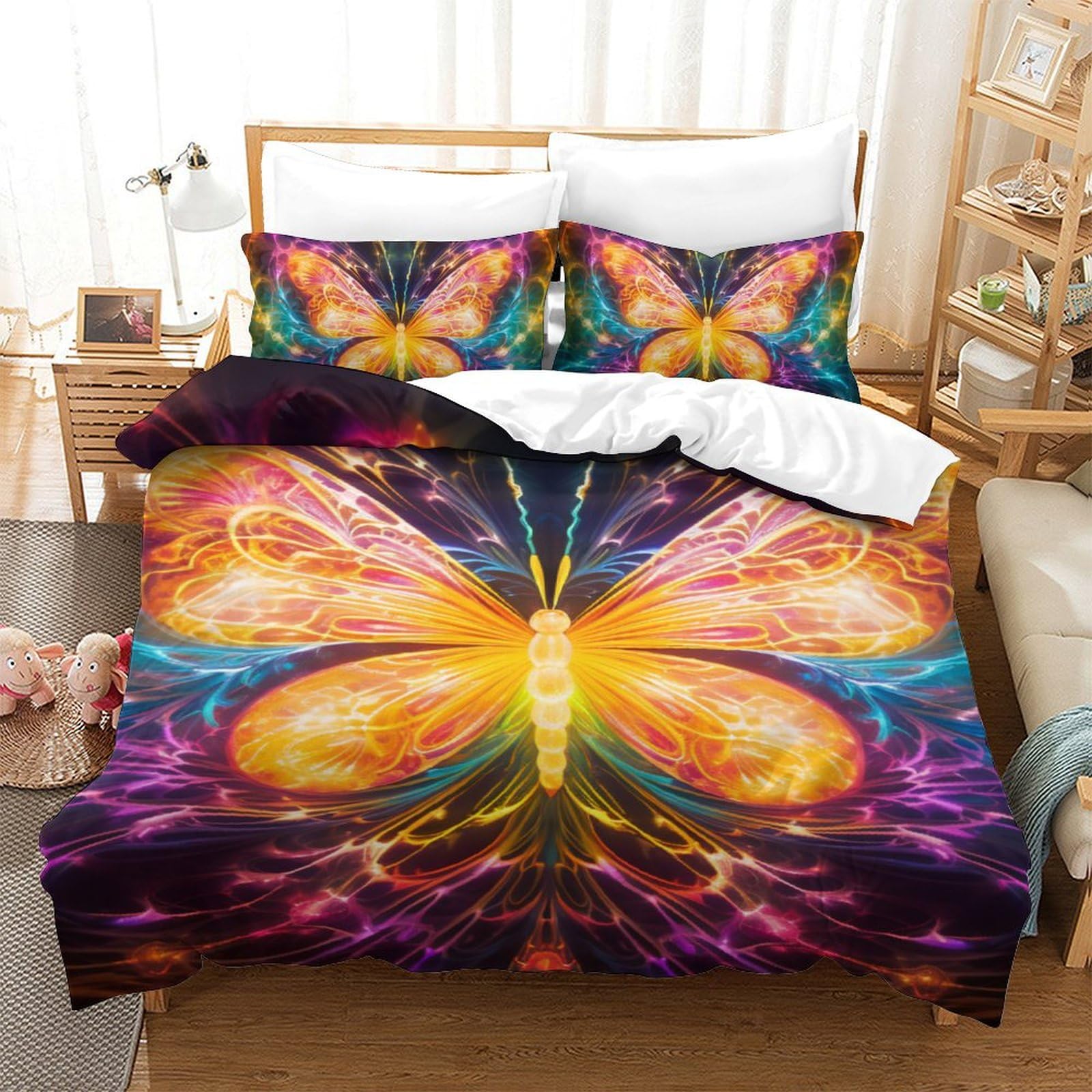 Housse de couette papillons 3D microfibre sans repassage lit 140x200