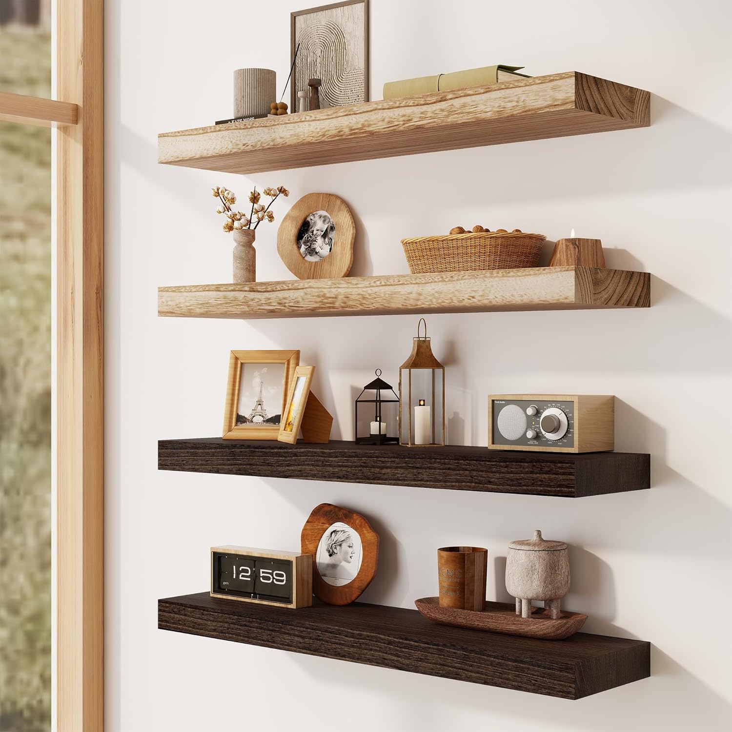 Solid Wood Floating Shelves for Wall 36W x 8D x 1.56H Set of 2, Deep Wall Shelves for Living Room Bedroom Bathroom Kitchen Decor Storage with Invisible Heavy-Duty Metal Bracket, Carbonized Black