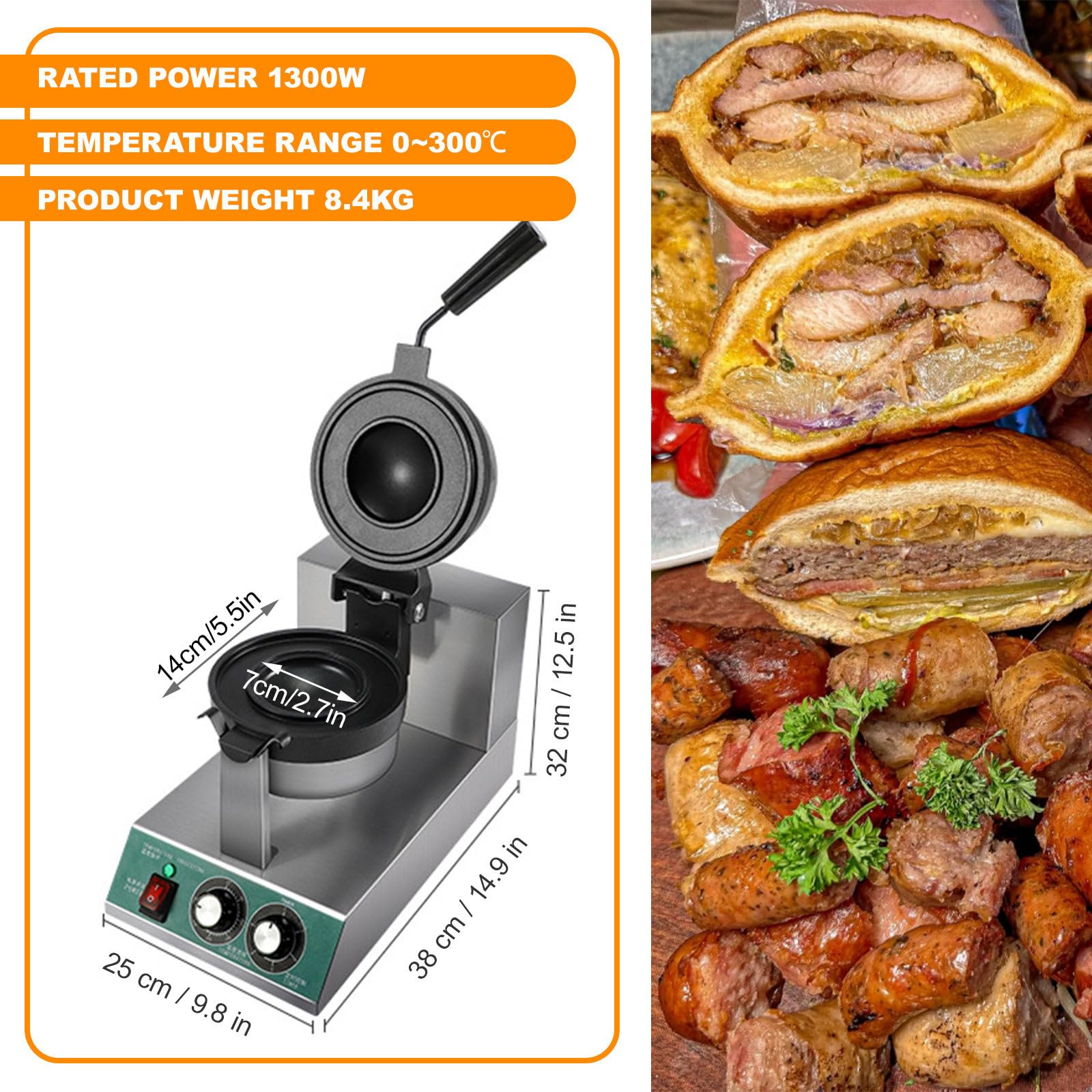 Kommerzieller Burger-Waffel-Bäcker, 1300 W, antihaftbeschichtete elektrische Burger-Presse, Temperaturregelung 50–300 °C, 5-Minuten-Timer, runder Toastie-Maker mit tiefer Füllung,Single