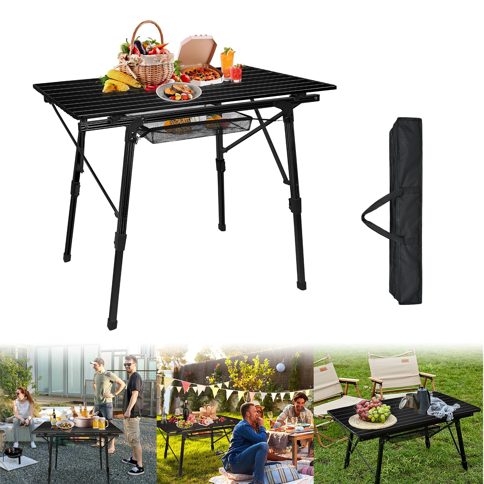 LZQ Aluminiowy stół kempingowy, składany stół z regulacją wysokości, stół kempingowy, składany stół z torbą do przenoszenia, 45 x 90 x 52 cm, na kemping, do ogrodu, na balkon, czarny