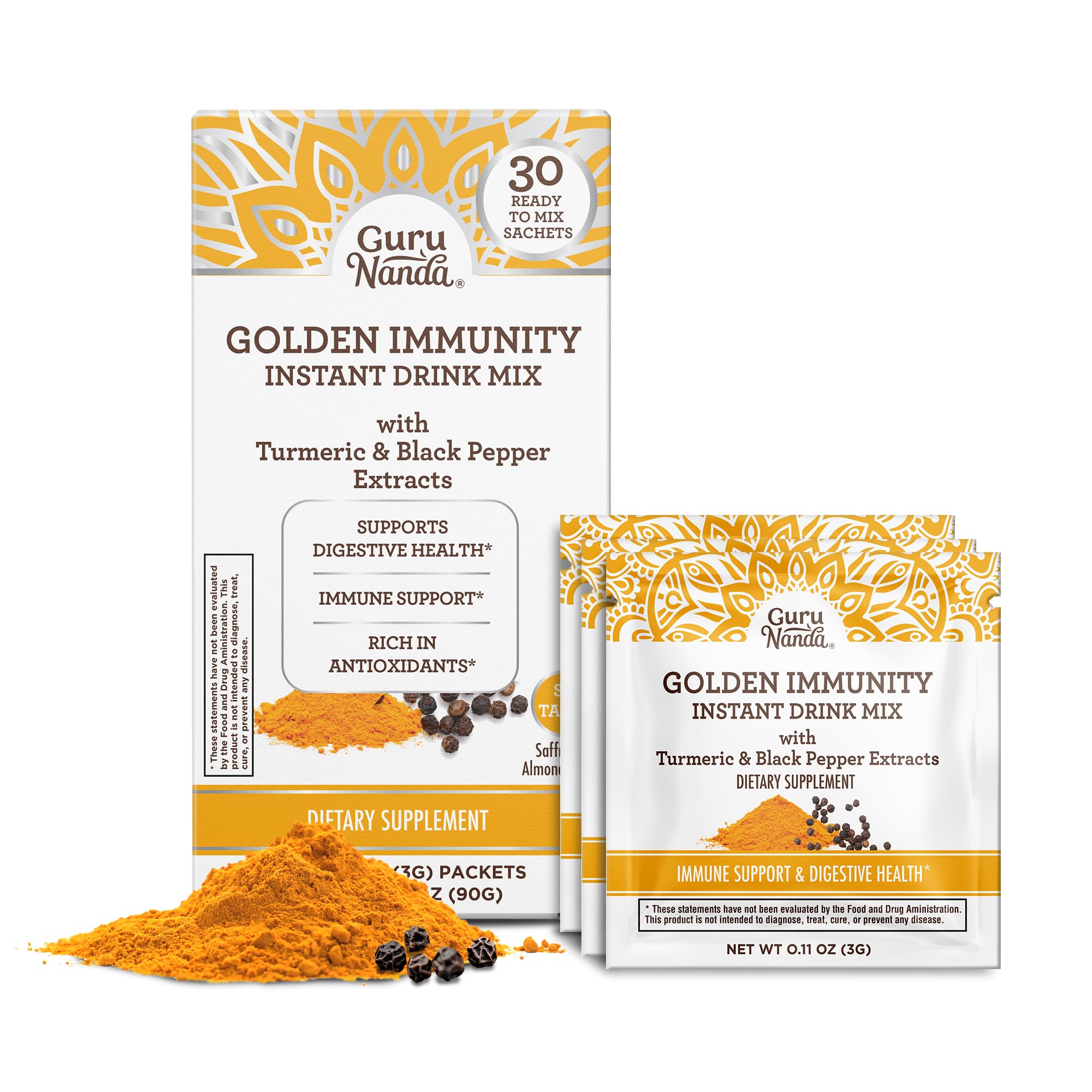 GuruNandaGolden Immunity Instant Drink Mix with Turmeric & Black Pepper - Rich in Antioxidants to Support Immune System & Digestive Health - Saffron & Almond Flavored, On-The-Go Sachets (30 Count)
