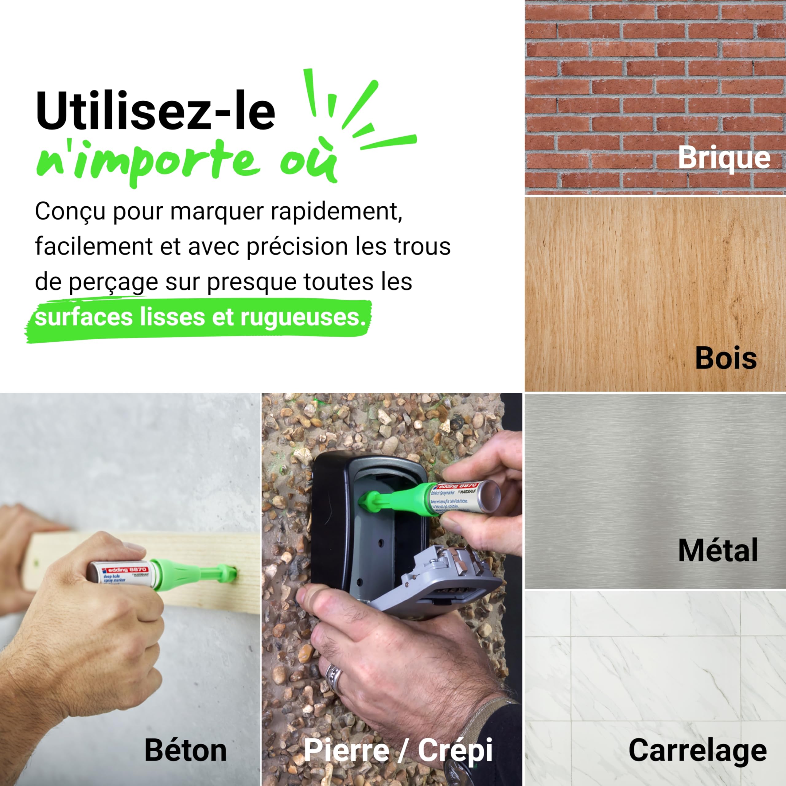 Edding Marqueur spray 8870 pour trous de perçage et zones inaccessibles – 5 Marqueurs à craie vert effaçables jusqu’à 50 mm de profondeur, pour pro & bricolage - Utilisation jusqu’à 250 pulvérisations