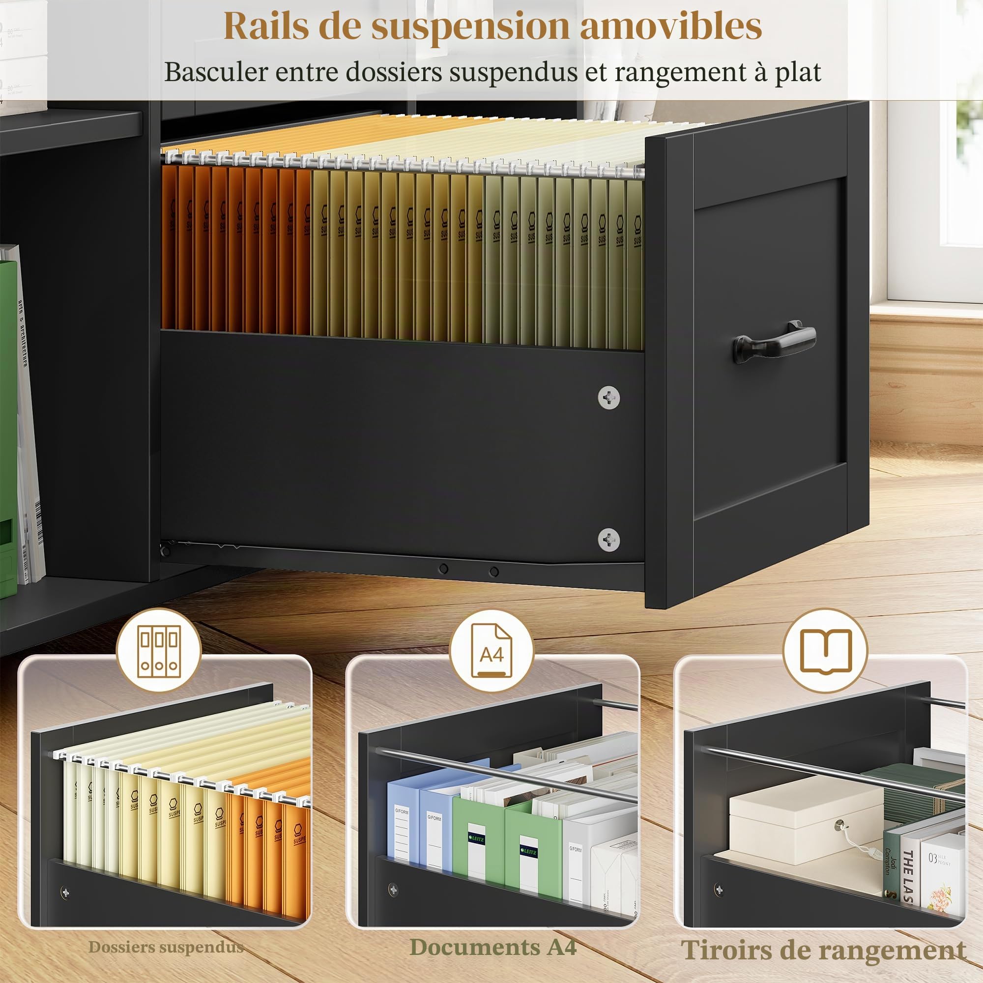 HOCSOK Caisson Bureau, Support d'Imprimante, avec Prises Électriques et 2 Ports USB, Meuble de Rangement à 5 roulettes Mobile, pour Dossiers A4/Letter/Legal, Armoire de Rangement pour Bureau, Ecole