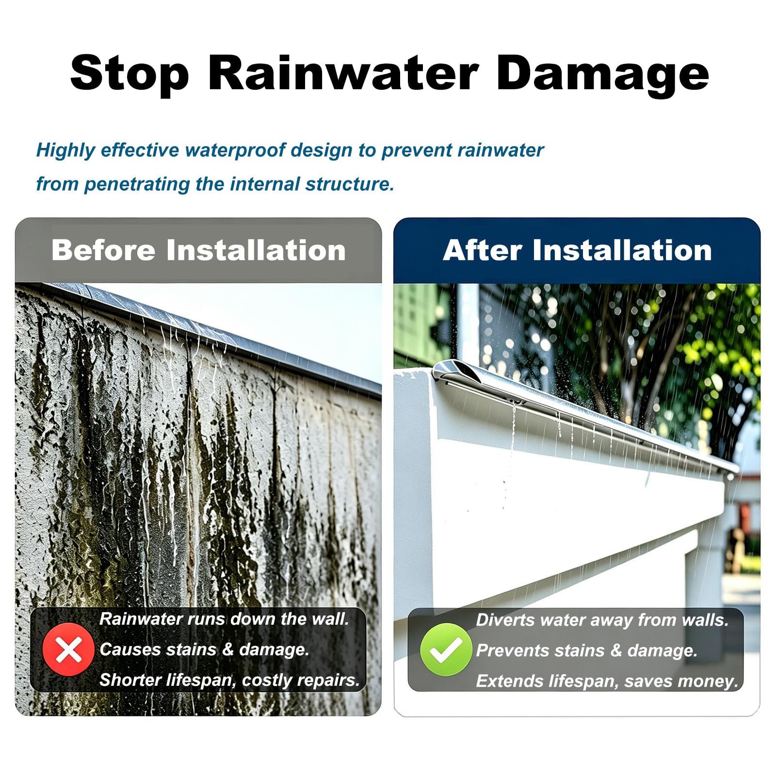 Perfil vierteaguas alu, cortable, largo ajustable 0,5-3m | Perfil desviador de agua de lluvia, impermeable, instalación DIY, aleros, marcos de ventanas(L2.7m (8.9ft))